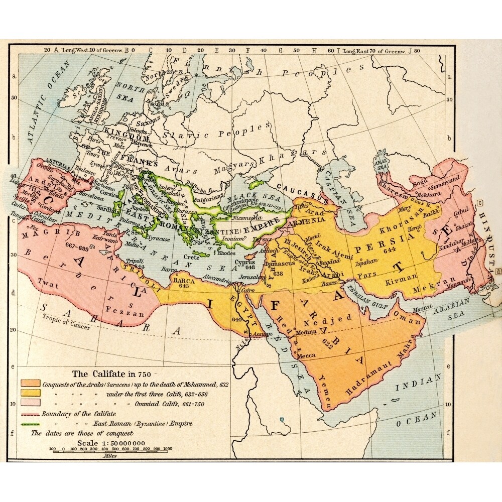 Map Of The Muslim Expansion And The Byzantine Empire At The End Of The Umayyad Caliphate In 750. From Historical Atlas