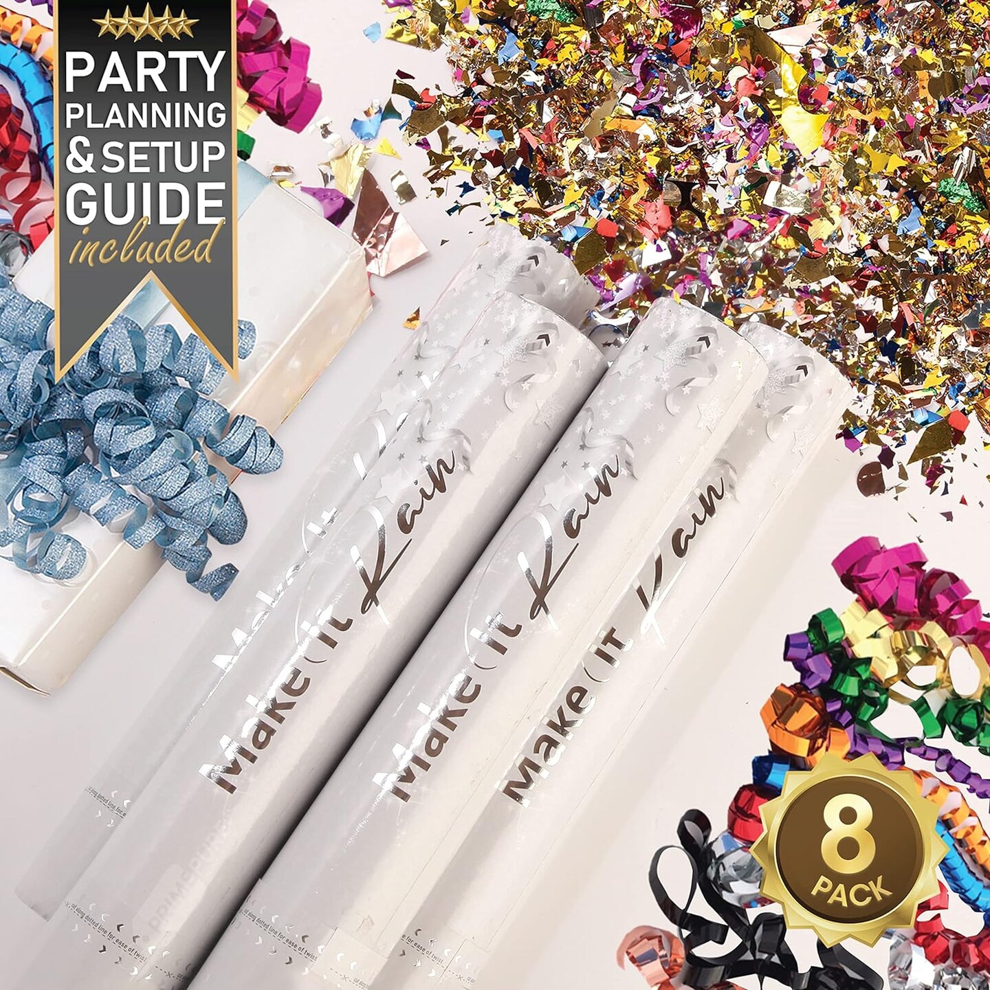 Multicolor Confetti Poppers 8 Pack | Confetti Cannon Party Poppers Confetti Shooter for Event Birthday Celebration | Bulk Streamer Blaster Cannon Launcher | Large Glitter Prank Package Gun Tube Stick