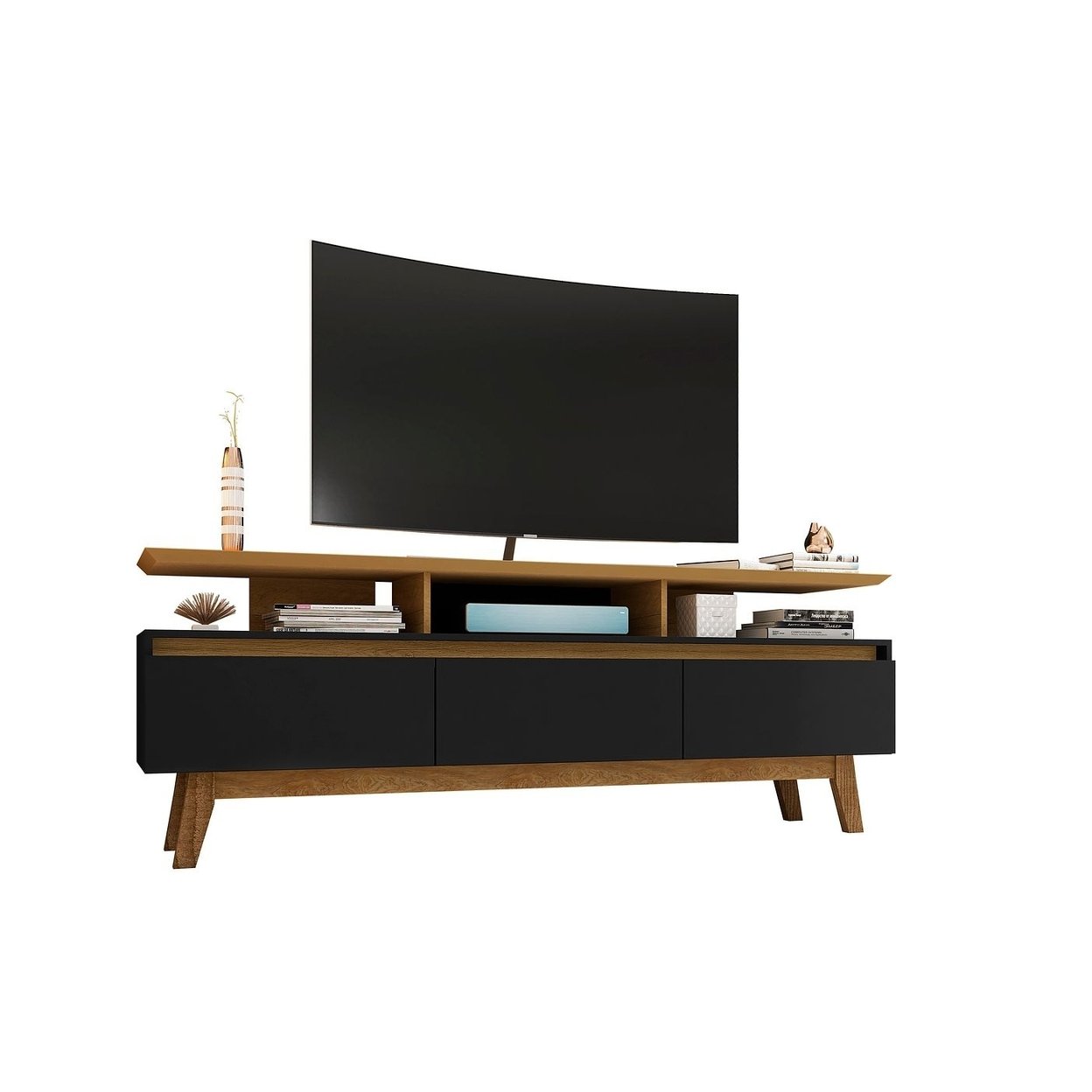 Manhattan Comfort Yonkers 70.86 TV Stand with Solid Wood Legs and 6 Media and Storage Compartments in Off White and Cinnamon