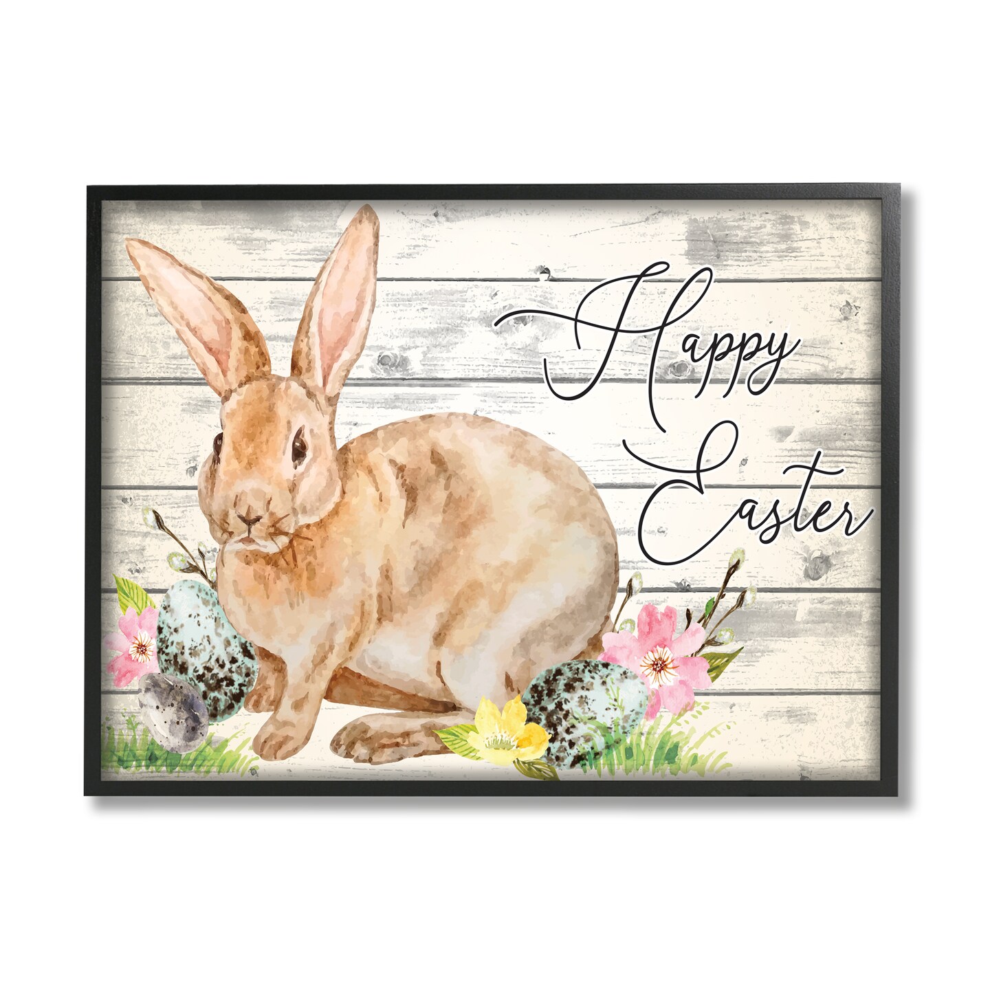 Stupell Industries Spring Floral Happy Easter Bunny Black Framed Giclee Art