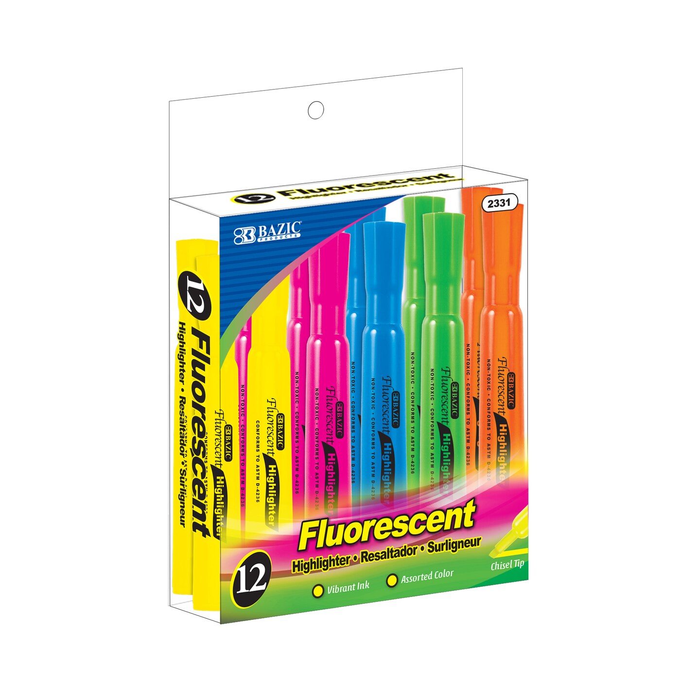 BAZIC Desk Style (Pack) Fluorescent Highlighters Asst Color (12/Pack)