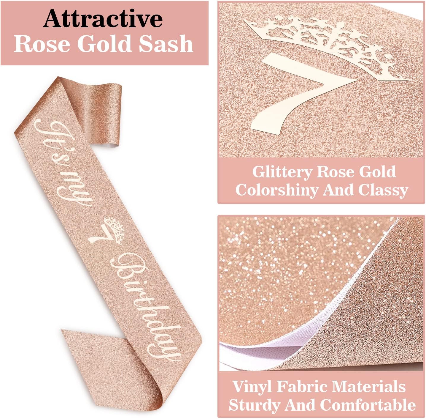 7th Birthday Decorations for Girl with 7th Birthday Sash and Tiara, Numeral 7 Candle and Cake Topper, 7th Birhtday Girls Rose Gold Party Favor Supplies