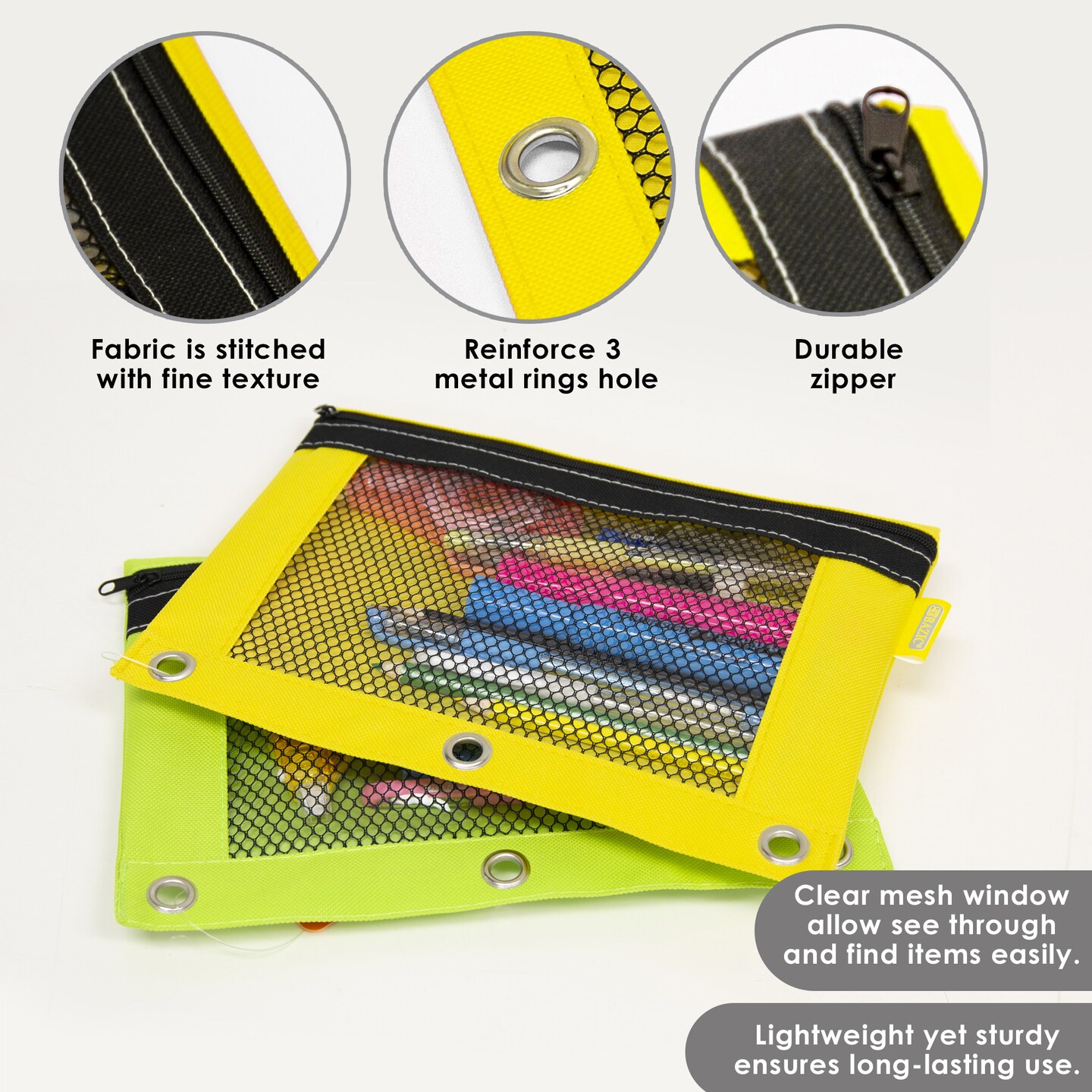 BAZIC Pencil Pouch 3-Ring Bright Color w/ Mesh Window