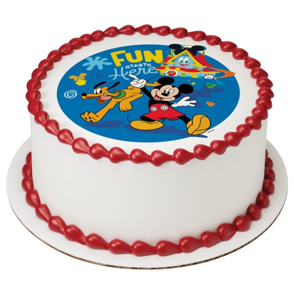 Disney Mickey Mouse Funhouse Fun Starts Here! Edible Cake Topper Image - 7.5&#x22; Round