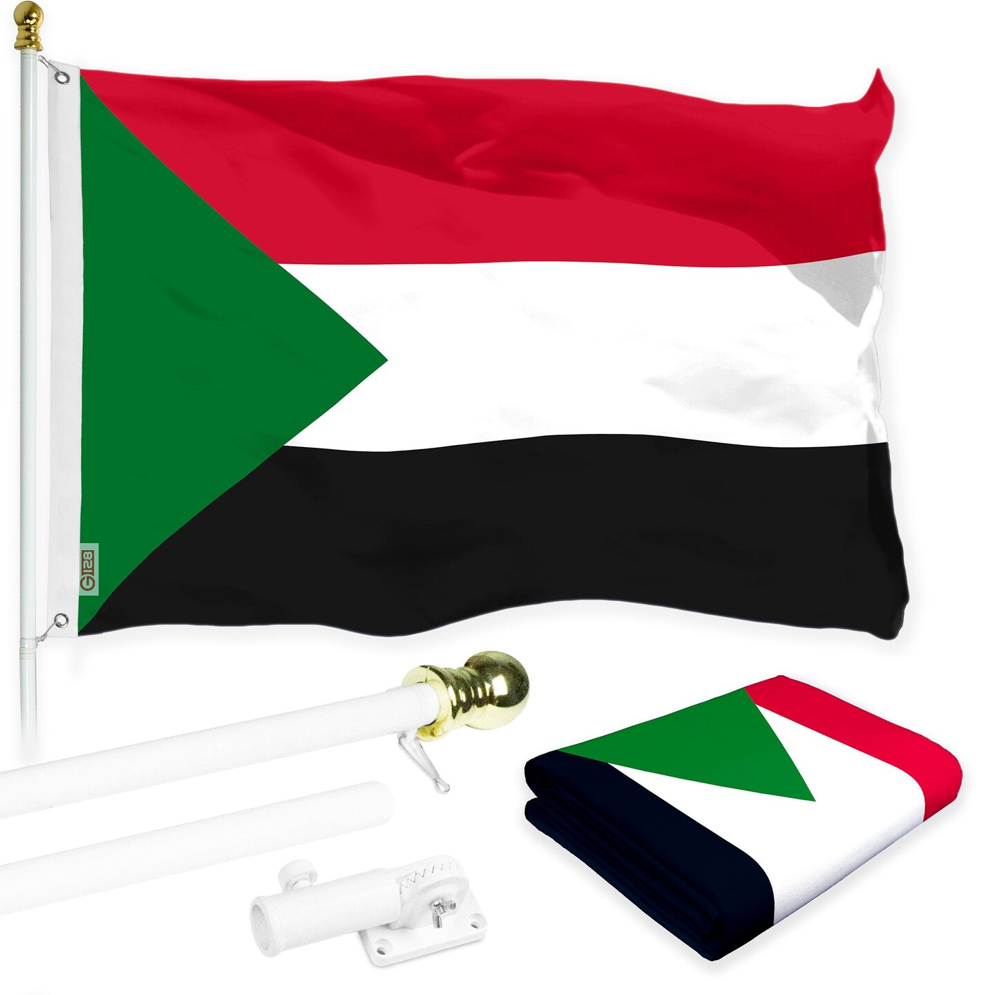 G128 Combo Pack: 6 Ft Tangle Free Aluminum Spinning Flagpole (White) &#x26; Sudan Sudanese Flag 3x5 Ft, LiteWeave Pro Series Printed 150D Polyester | Pole with Flag Included