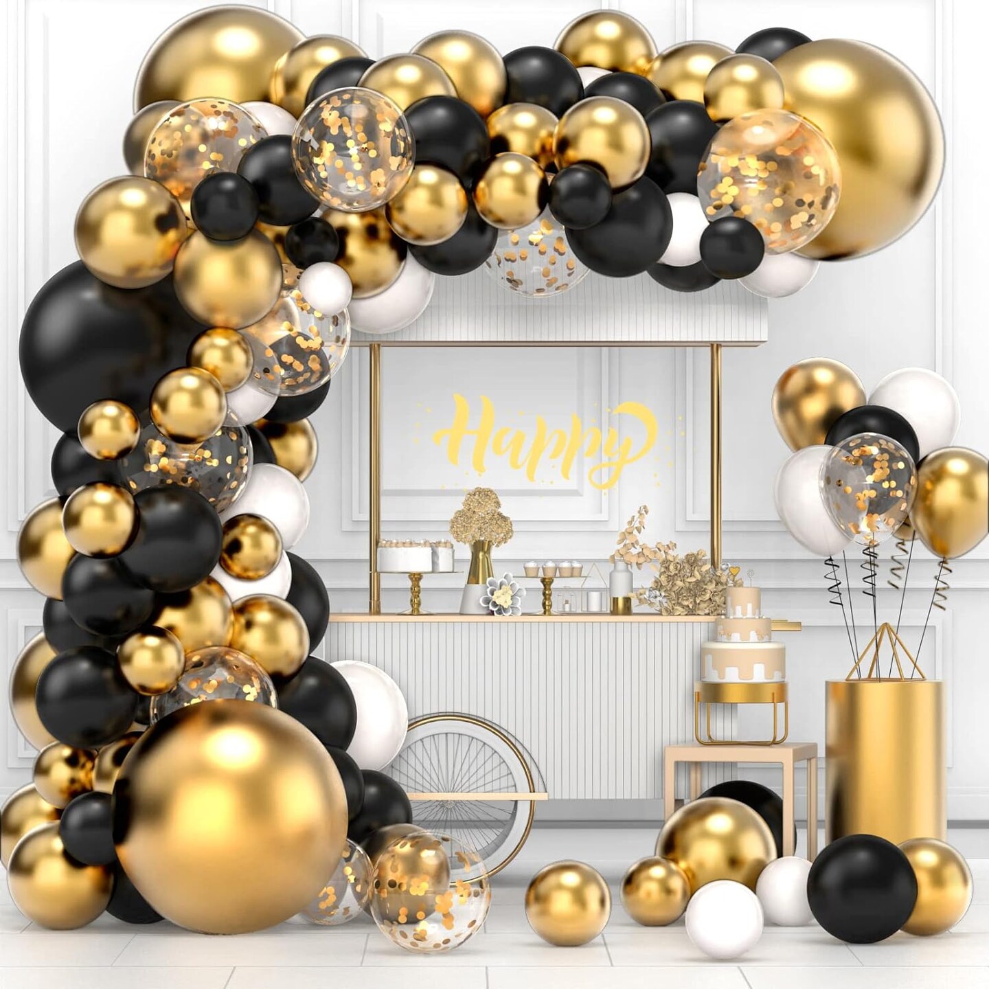 126pcs Black and Gold Balloons Garland Arch Kit, Black Metallic Gold White and Gold Confetti Balloons with Balloon Strip for Graduation Anniversary Birthday Black Gold Party Decorations