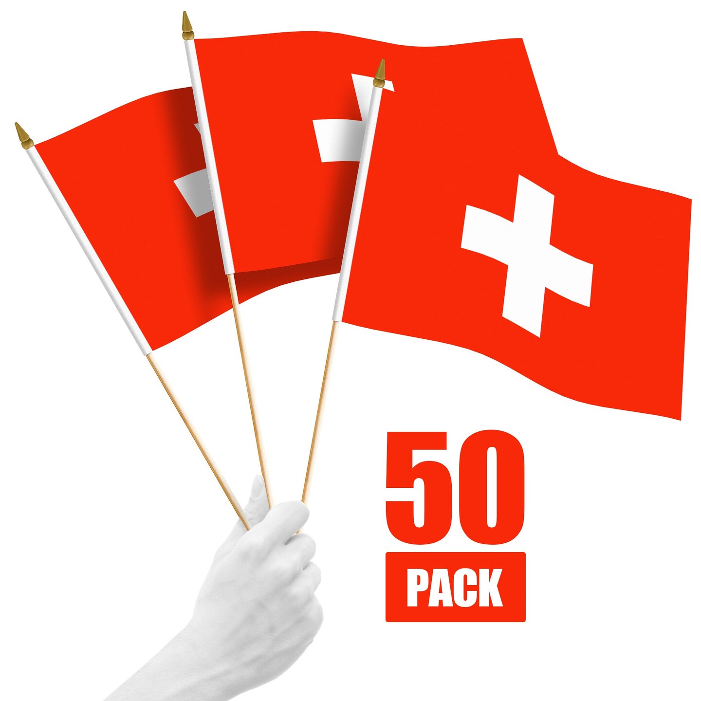 G128 50 Pack Handheld Switzerland Swiss Stick Flags | 12x18 In | Printed 150D Polyester, Country Flag, Solid Wooden Stick, Spear Gold Tip