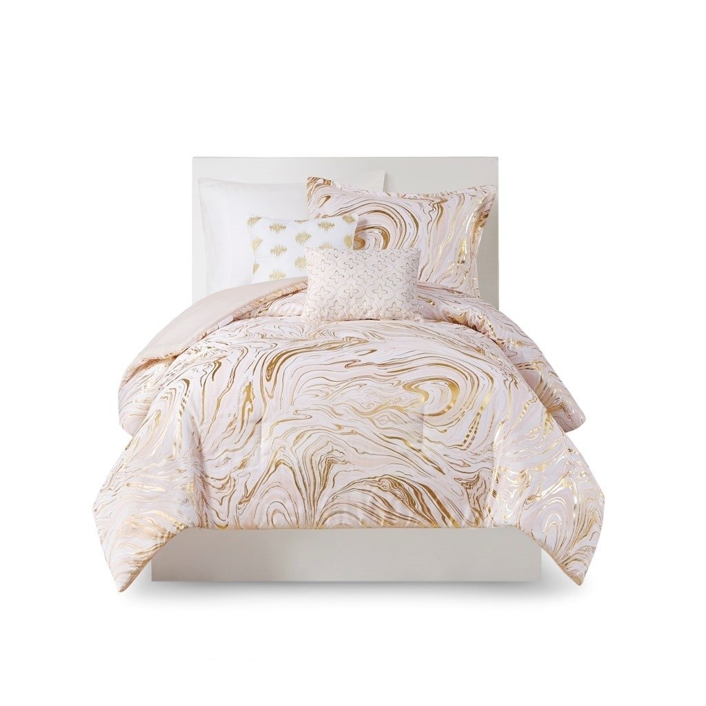 Gracie Mills Metallic Printed Comforter Set Blush Gold Twin Grace-12798 Microfiber