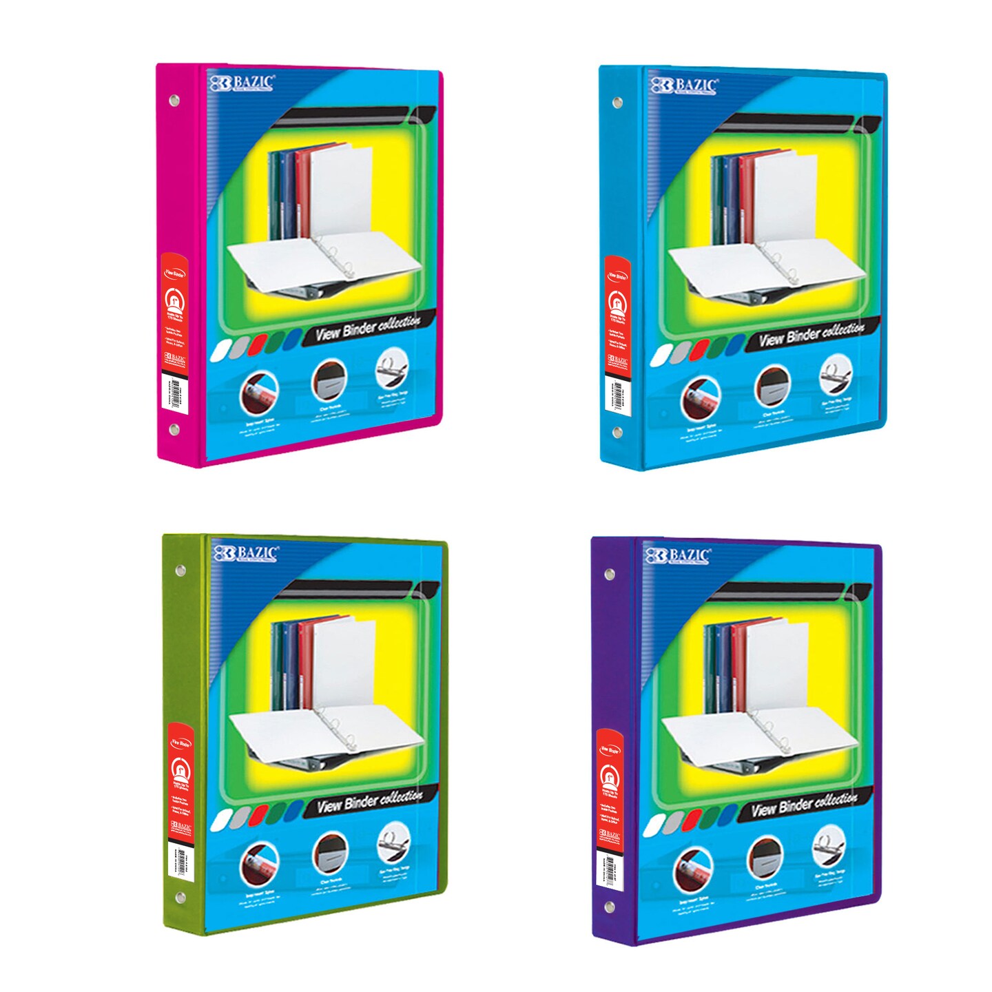 BAZIC Binder View 1&#x22; Assorted Neon Color 3-Ring w/ 2-Pockets
