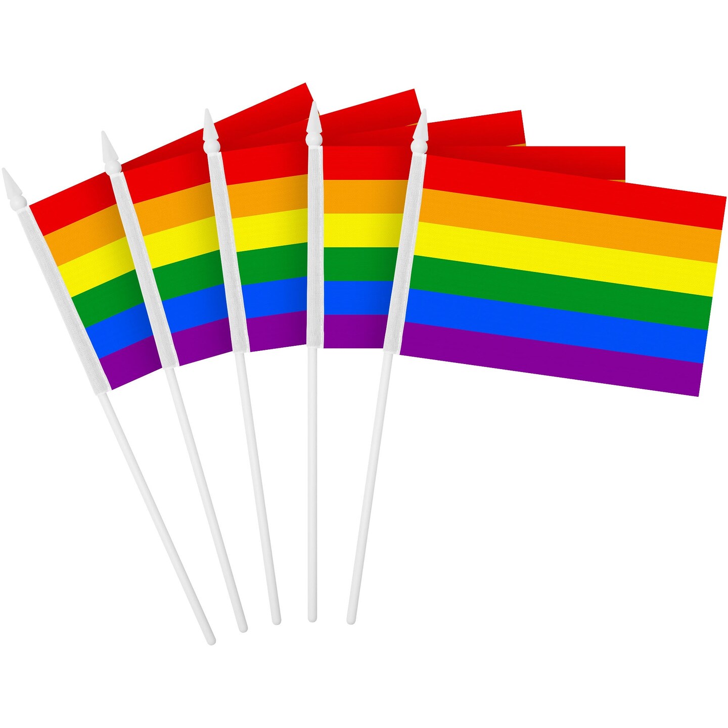G128 12 Pack Handheld LGBT Rainbow Pride Stick Flags | 4x6 In | Printed 150D Polyester, Social Flag, Solid Plastic Stick, Spear White Tip