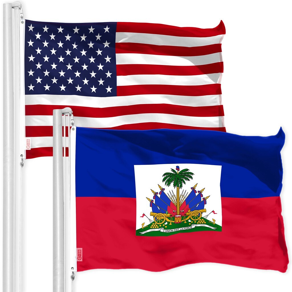 G128 Combo Pack: American USA Flag 3x5 Ft & Haiti Flag 3x5 Ft, Both Printed 150D Polyester, Indoor/Outdoor, Brass Grommets