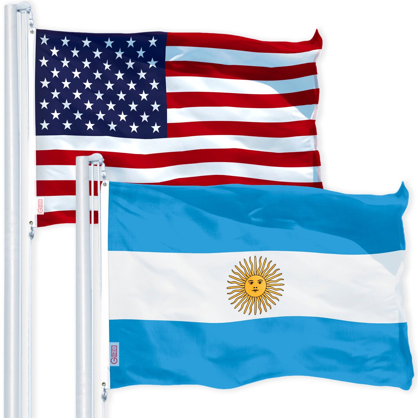 G128 Combo Pack: USA American Flag 3x5 Ft 150D Printed Stars &#x26; Argentina (Argentinian) Flag 3x5 Ft 150D Printed