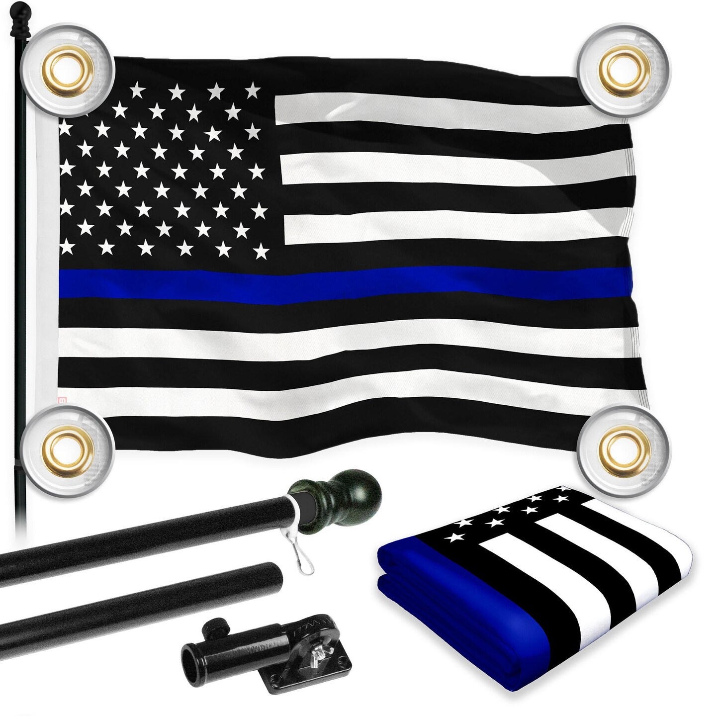 G128 Combo Pack: 6 Ft Tangle Free Aluminum Spinning Flagpole (Black) &#x26; Thin Blue Line Flag 3x5 Ft, LiteWeave Pro Series Printed 150D Polyester, 4 Corner Brass Grommets | Pole with Flag Included