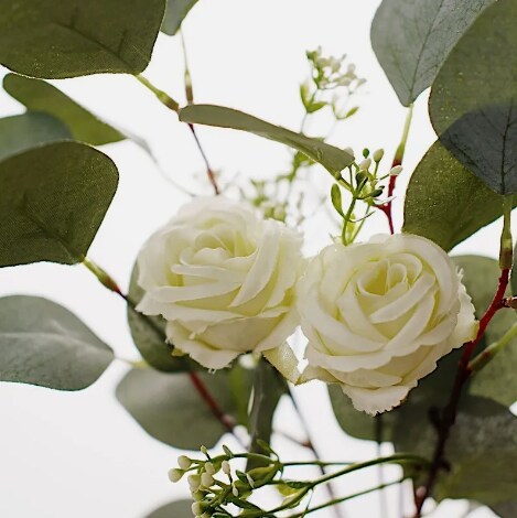 15&#x22; Ivory Artificial Seeded Eucalyptus Leaves Silk Roses Bouquet