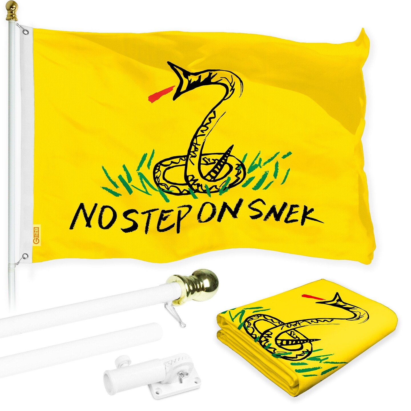 G128 Combo Pack: Flag Pole 6 FT White Tangle Free &#x26; No Step On Snek Flag 3x5ft 150D Printed Polyester