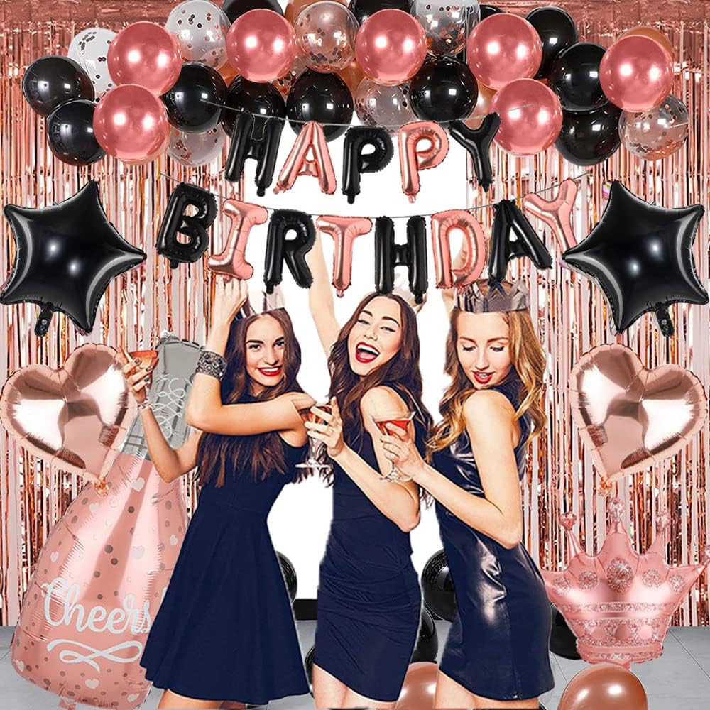 Rose Gold Black Happy Birthday Party Decorations for Women Girls, Decor Set for Her, Happy Birthday Banner, Foil Balloons, Fringe Curtains, Crown, Cake Topper for 13th 16th 18th 21st 30th 40th 50th