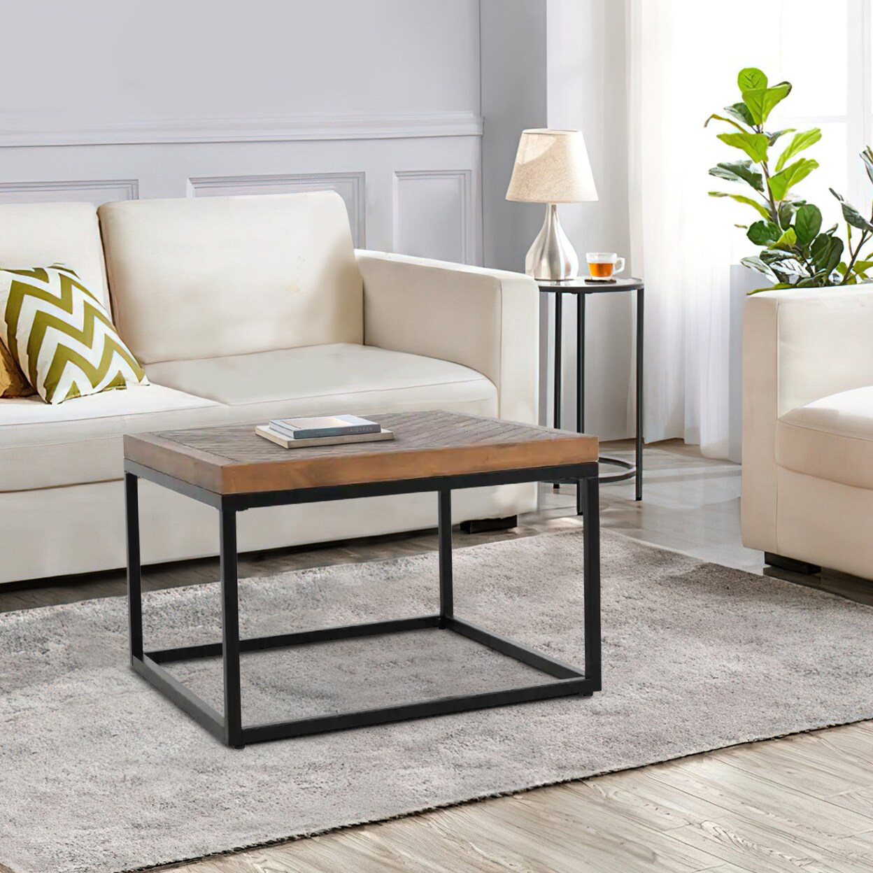 Saltoro Sherpi Nat 30 Inch Solid Wood Square Coffee Table, Herringbone, Brown, Black-