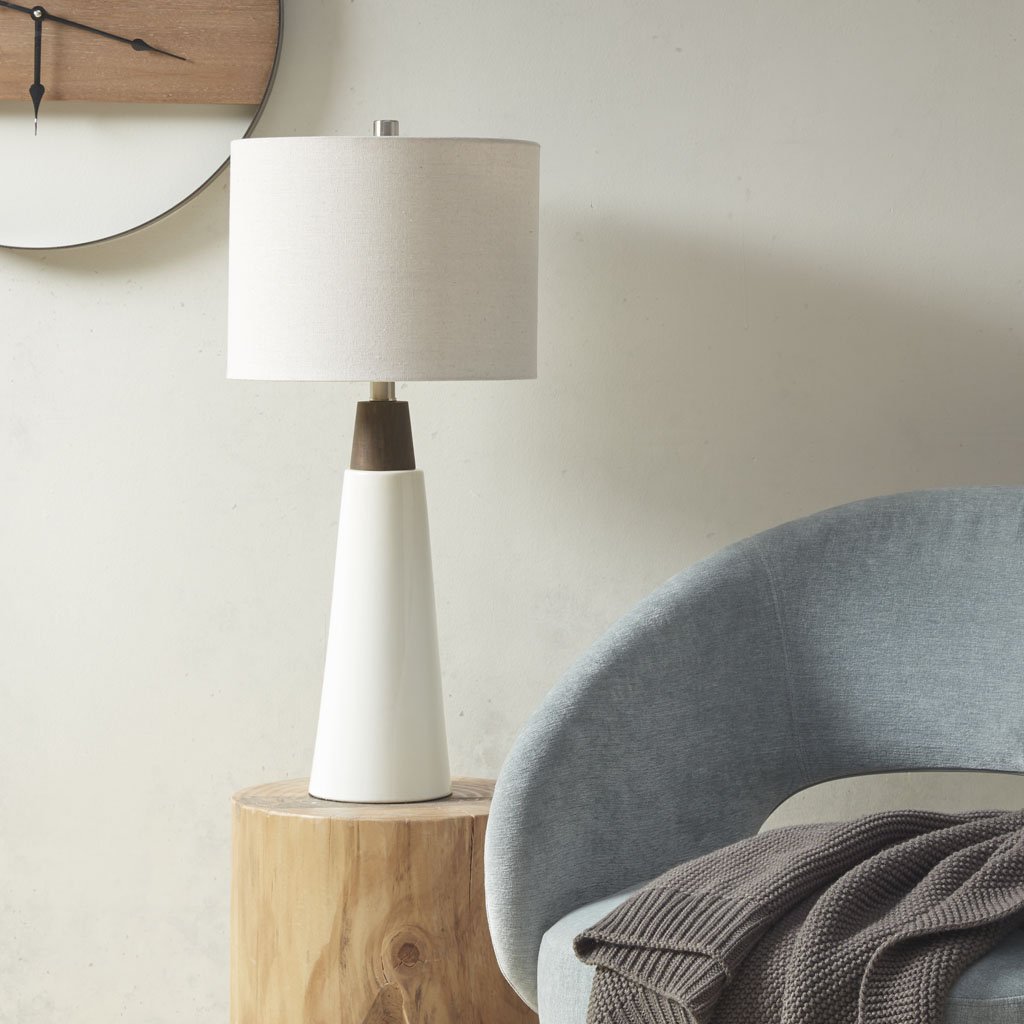 Gracie Mills   Triangular Ceramic and Wood Table Lamp