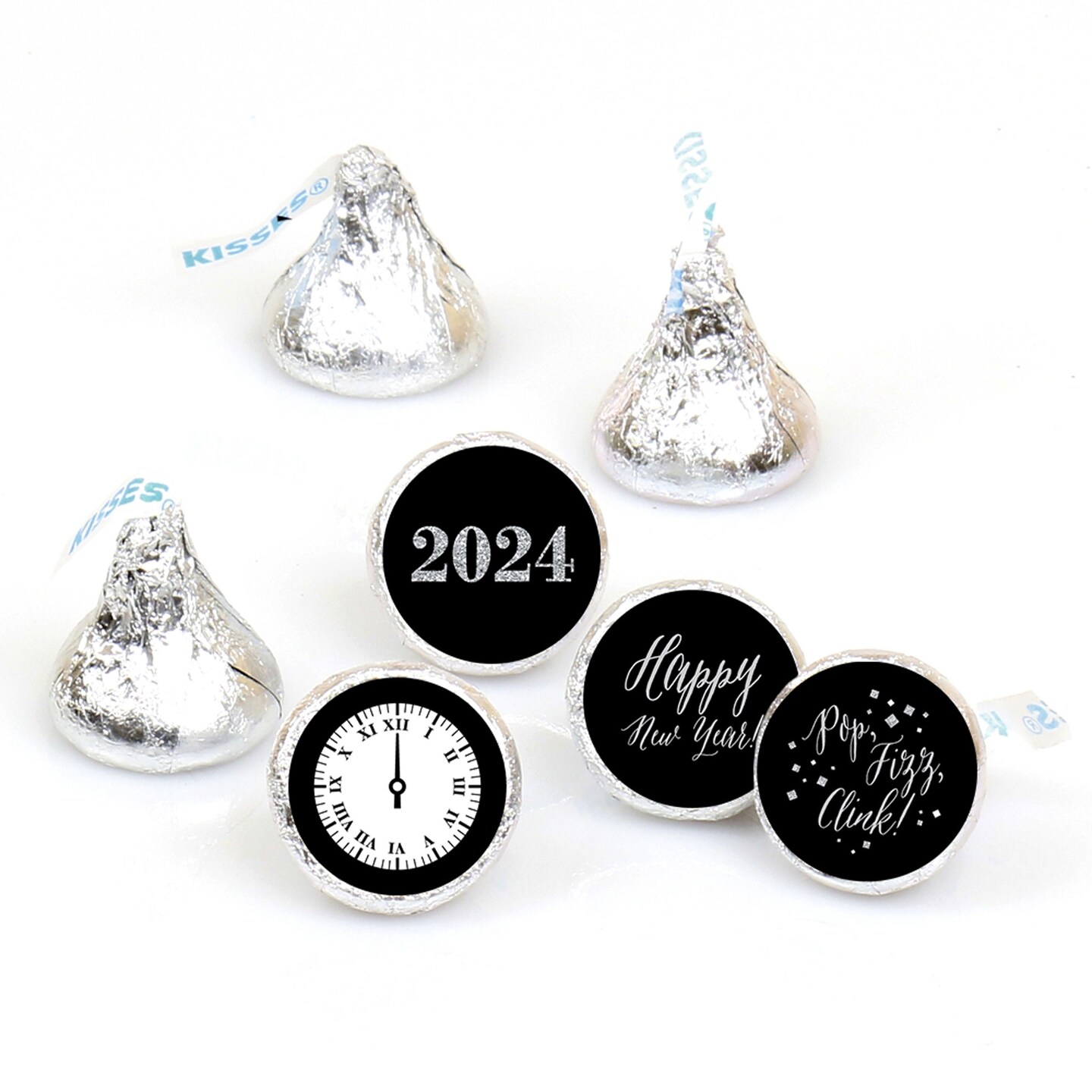 Big Dot of Happiness New Year&#x27;s Eve - Silver - Round Candy 2024 New Years Eve Party Sticker Favors - Labels Fits Hershey&#x2018;s Kisses (1 sheet of 108)
