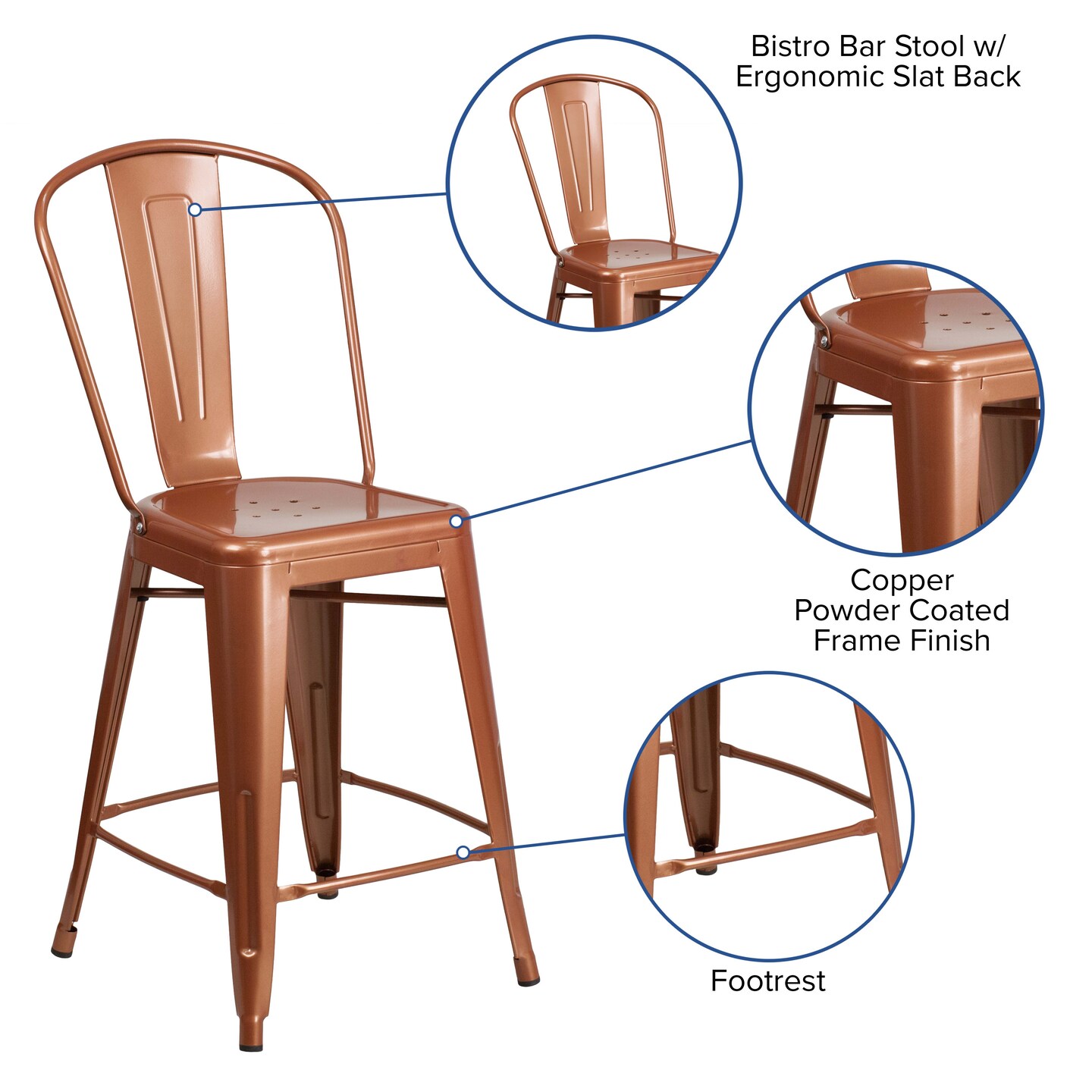 Merrick Lane Stella 24&#x22; Metal Indoor-Outdoor Counter Stool with Vertical Slat Back and Integrated Footrest
