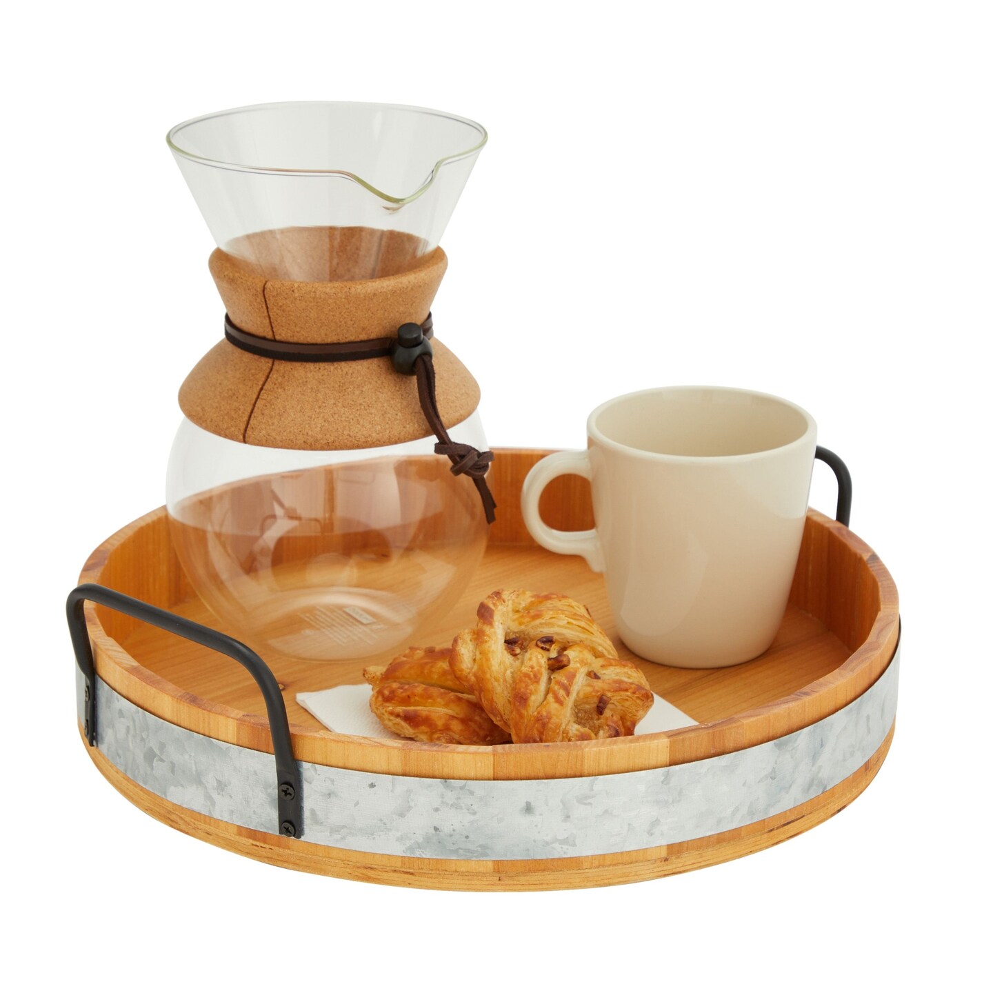 13" Bamboo Round Serving Tray with Handles for Serving, Cheese Board with Galvanized Metal Trim