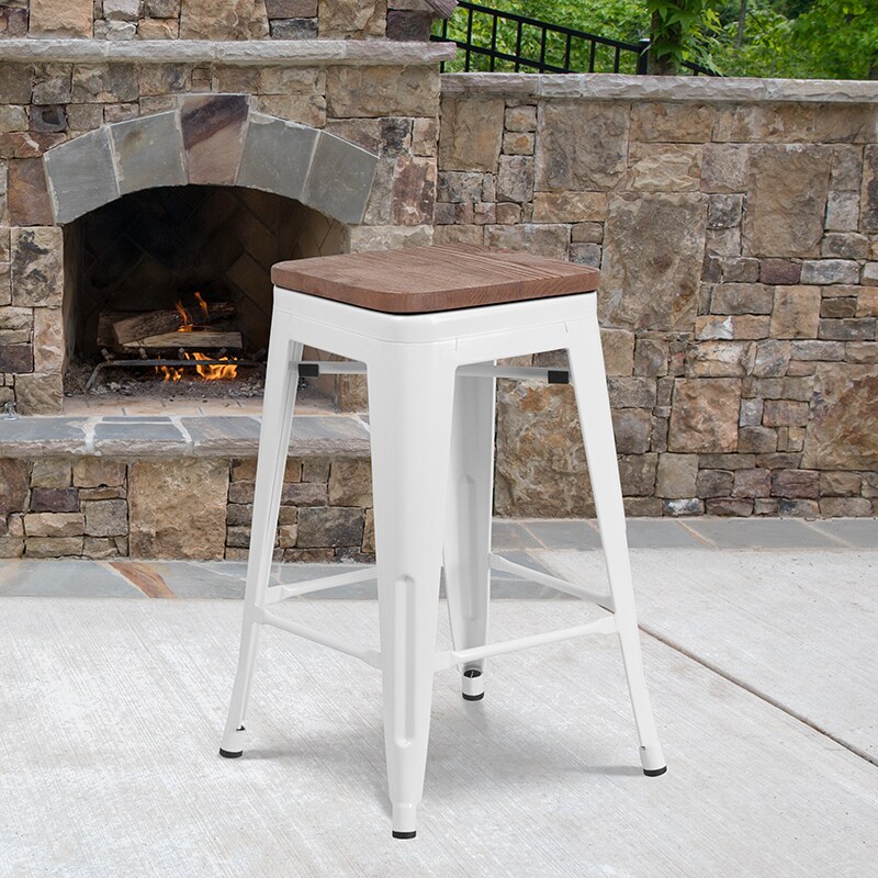Flash Furniture 24" High Backless White Metal Counter Height Stool with Square Wood Seat CH-31320-24-WH-WD-GG