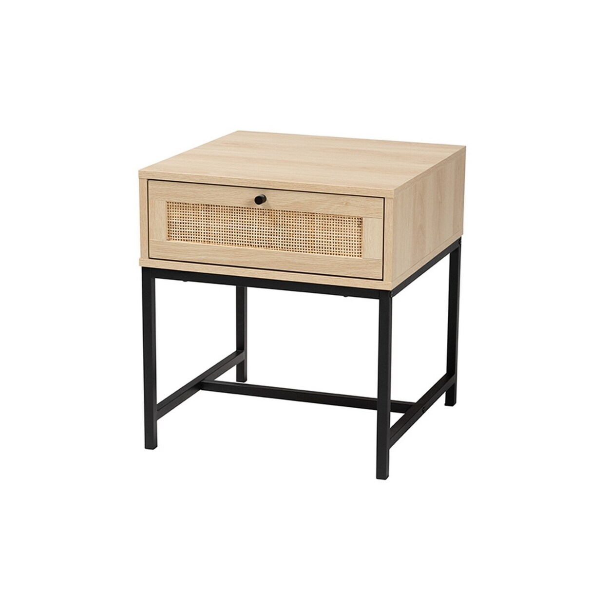 Saltoro Sherpi Baxton Studio Caterina Mid-Century Modern Transitional Natural Brown Finished Wood and Natural Rattan 1-Drawer Nightstand