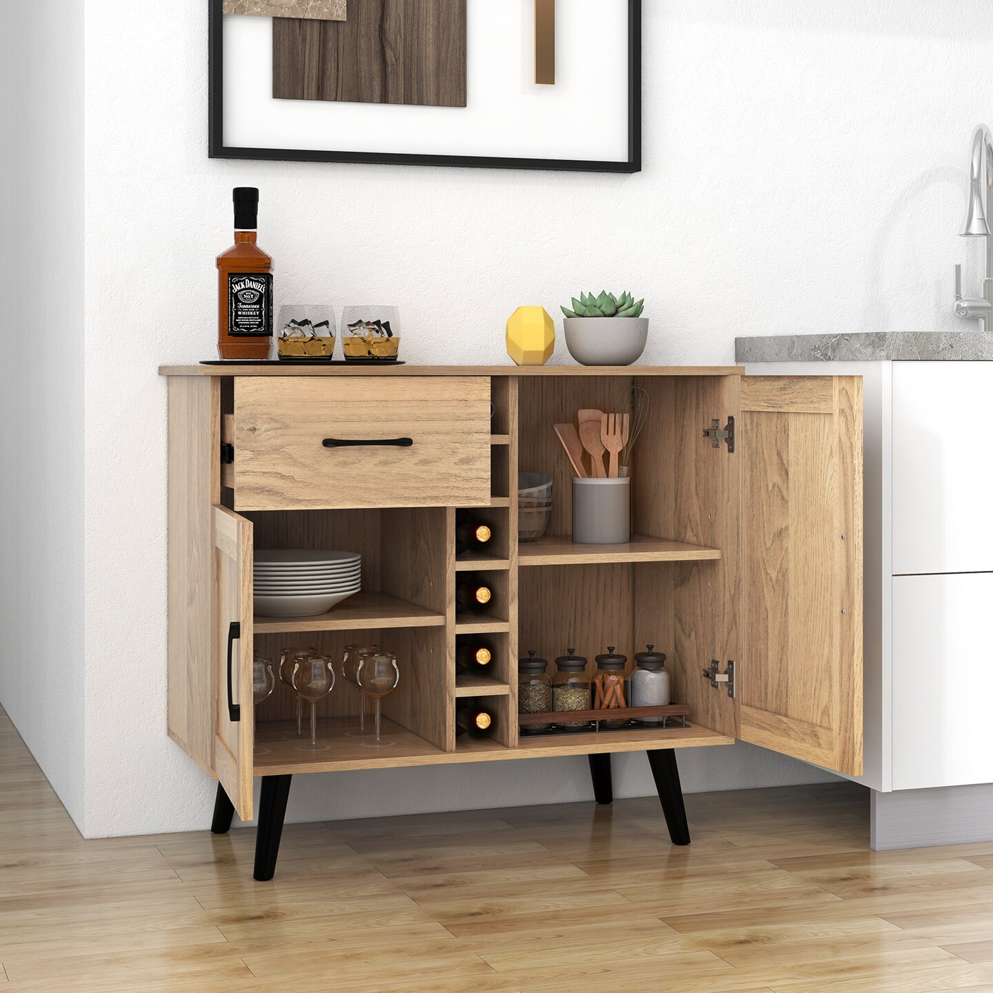 Costway 2-Door Wine Bar Cabinet Kitchen Sideboard Buffet with Drawer &#x26; Adjustable Shelves Black/Natural
