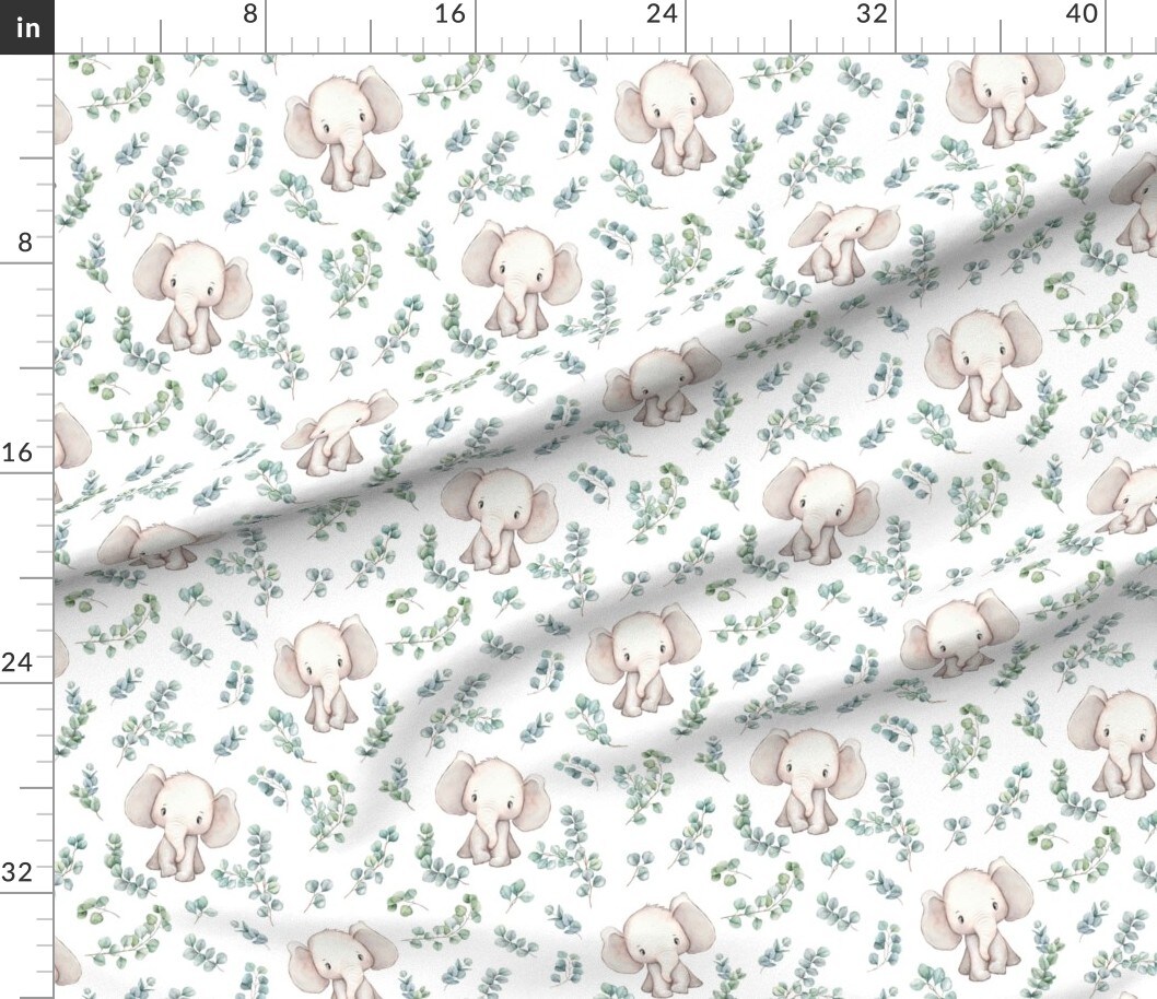 Elephant White Green Grey Animal Plant Neutral Custom Printed Fabric by Spoonflower Various Fabrics by the Yard or Fat Quarter