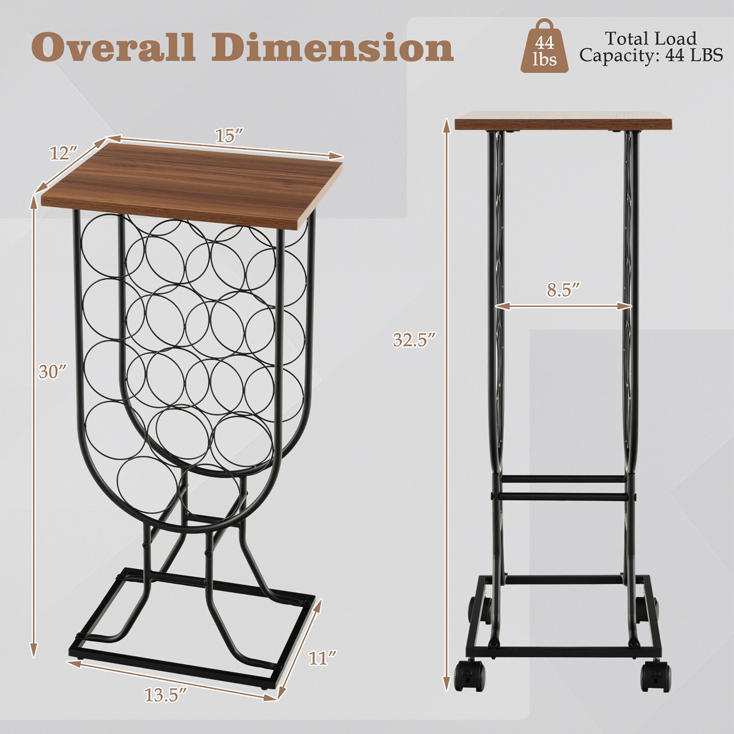 Costway 14 Bottles Wine Rack Console Table Freestanding Wine Storage with Woodtop &#x26; Wheels
