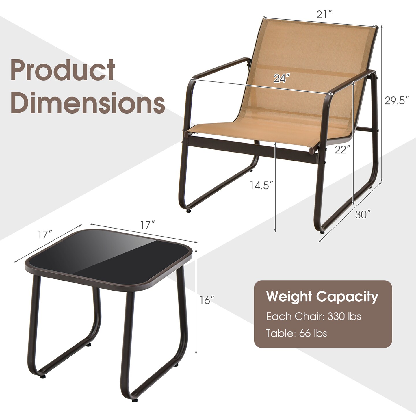Costway 3 Pieces Patio Conversation Set Outdoor Metal Chair &#x26; Table Tempered Glass Top