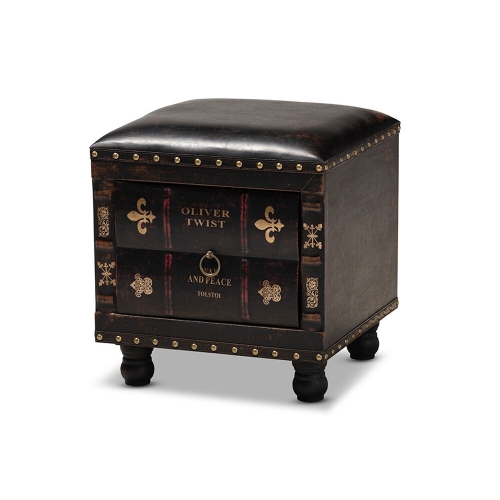 Baxton Studio Charlier Rustic Antique Inspired Faux Leather Upholstered Wood Storage Ottoman with Book Spine Drawer