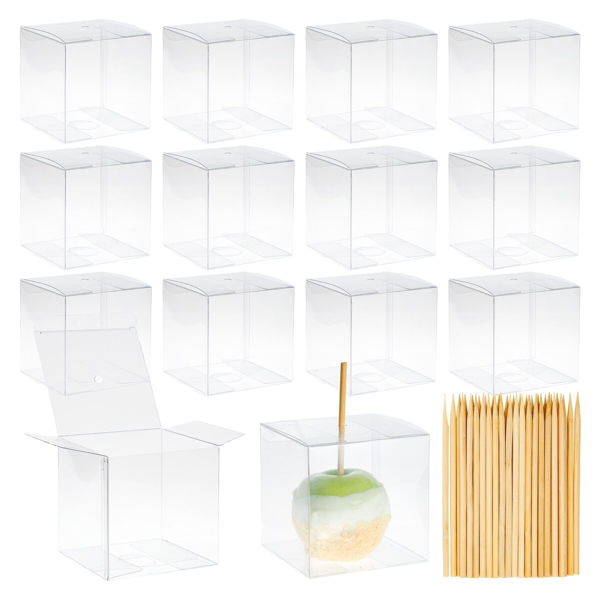 40 Pack Clear Candy Apple Boxes, 4x4x4 with Hole and Sticks for Birthday Party Supplies, Wedding Favors, Baby Shower
