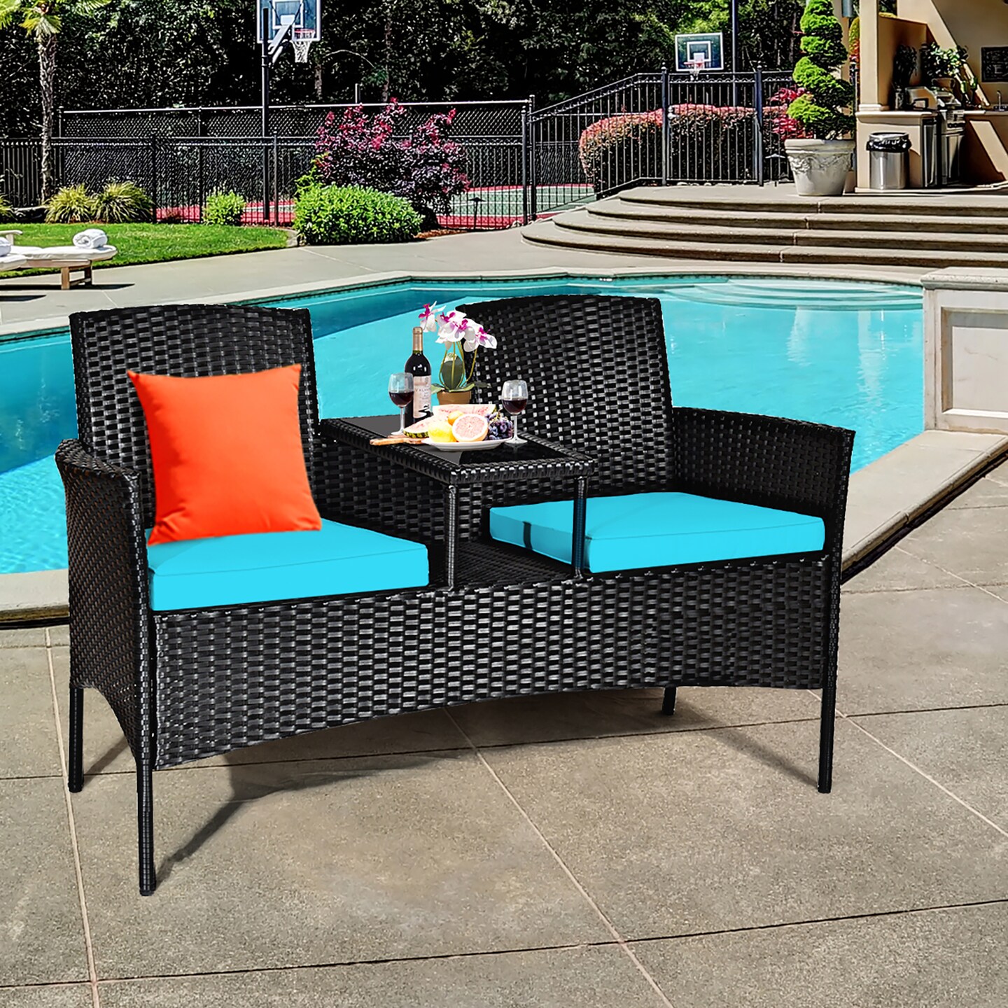 Costway Patio Rattan Conversation Set Seat Sofa Cushioned Loveseat Glass Table Chair Red\Turquoise
