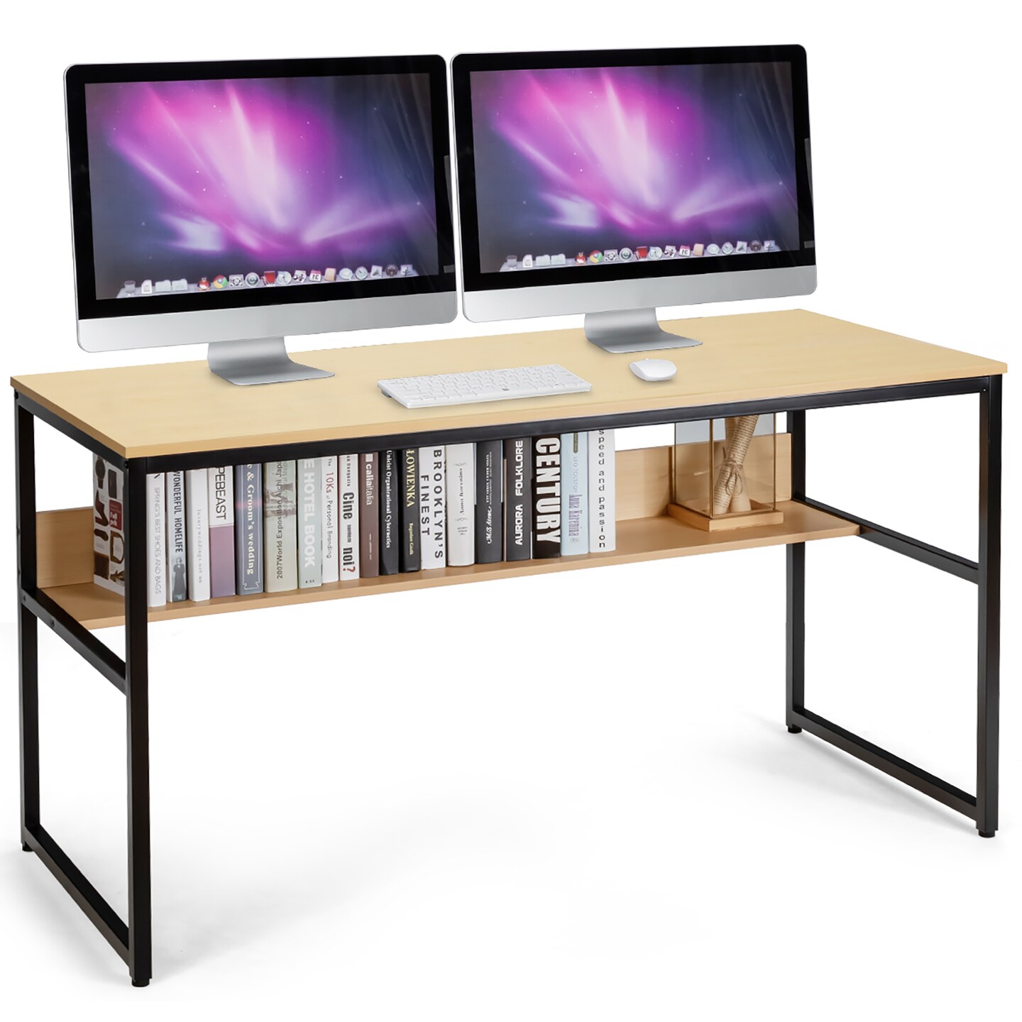 Costway 55'' Industrial Computer Desk w/ Storage Shelf Adjustable Foot Pads
