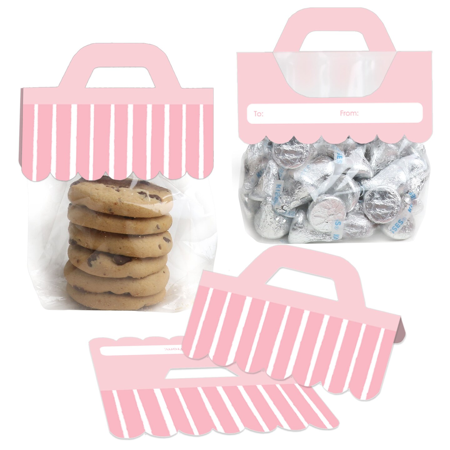 Big Dot of Happiness Pink Stripes - DIY Simple Party Clear Goodie Favor Bag Labels - Candy Bags with Toppers - Set of 24