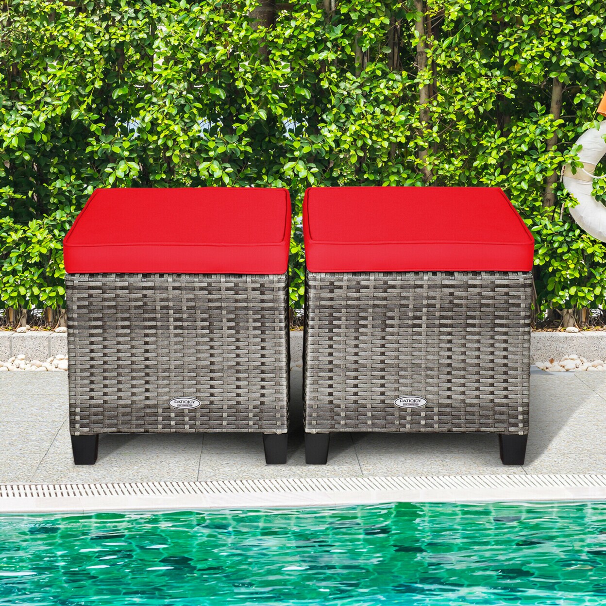 Set Of 2 Rattan Patio Ottoman Footrest Wicker Footstool W/ Red Cushions