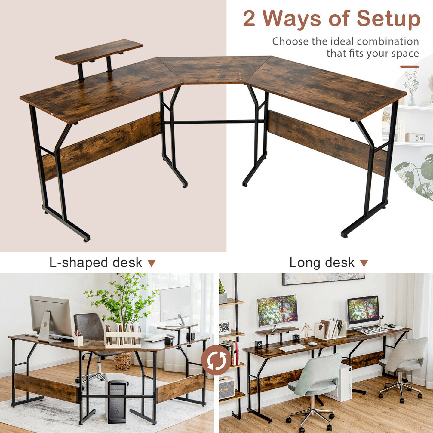 Costway L-Shaped Reversible Computer Desk 2-Person Long Table w/Monitor  Stand Rustic Brown