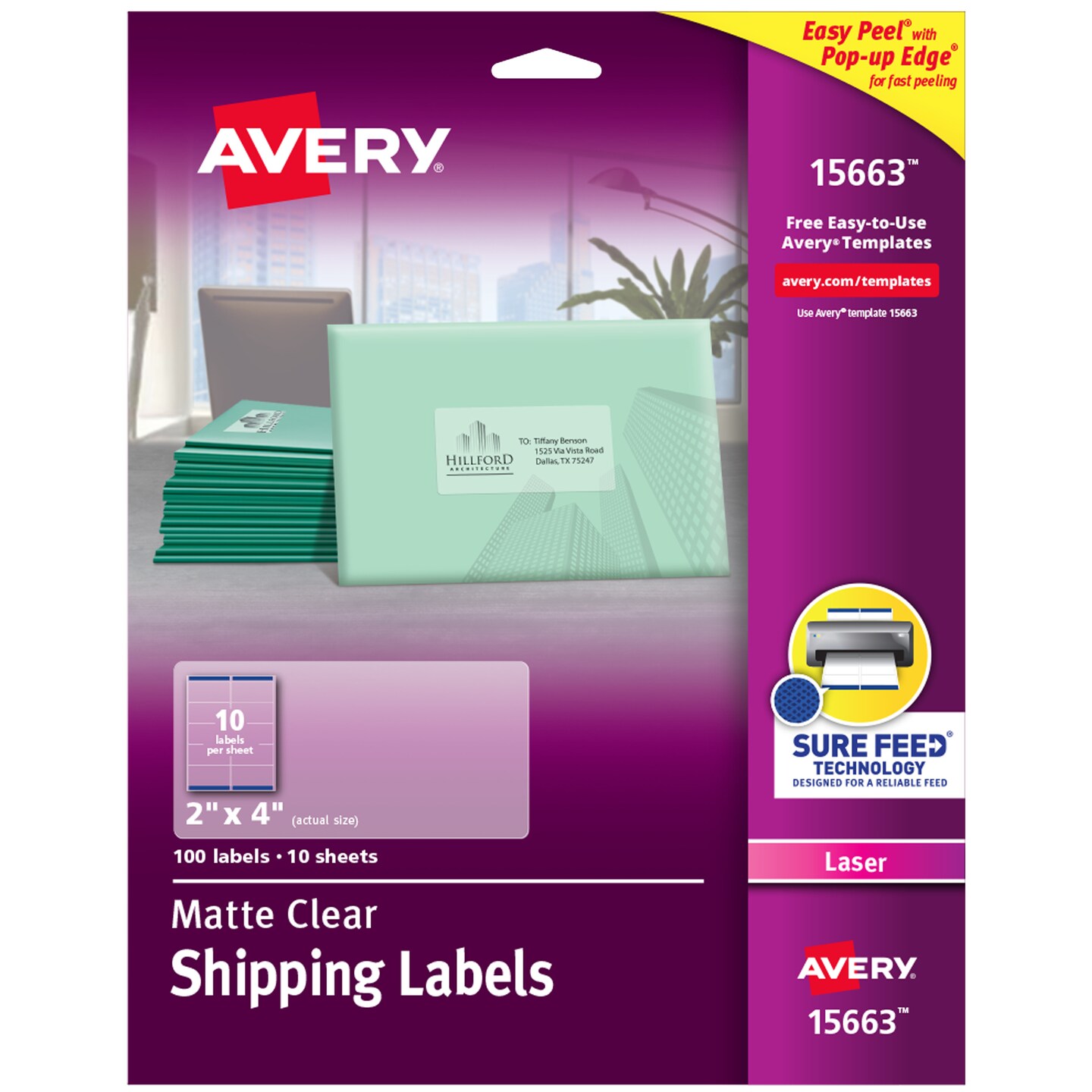 Avery Matte Clear Shipping Labels, Sure Feed Technology, Laser, 2" x 4", 100 Labels (15663)