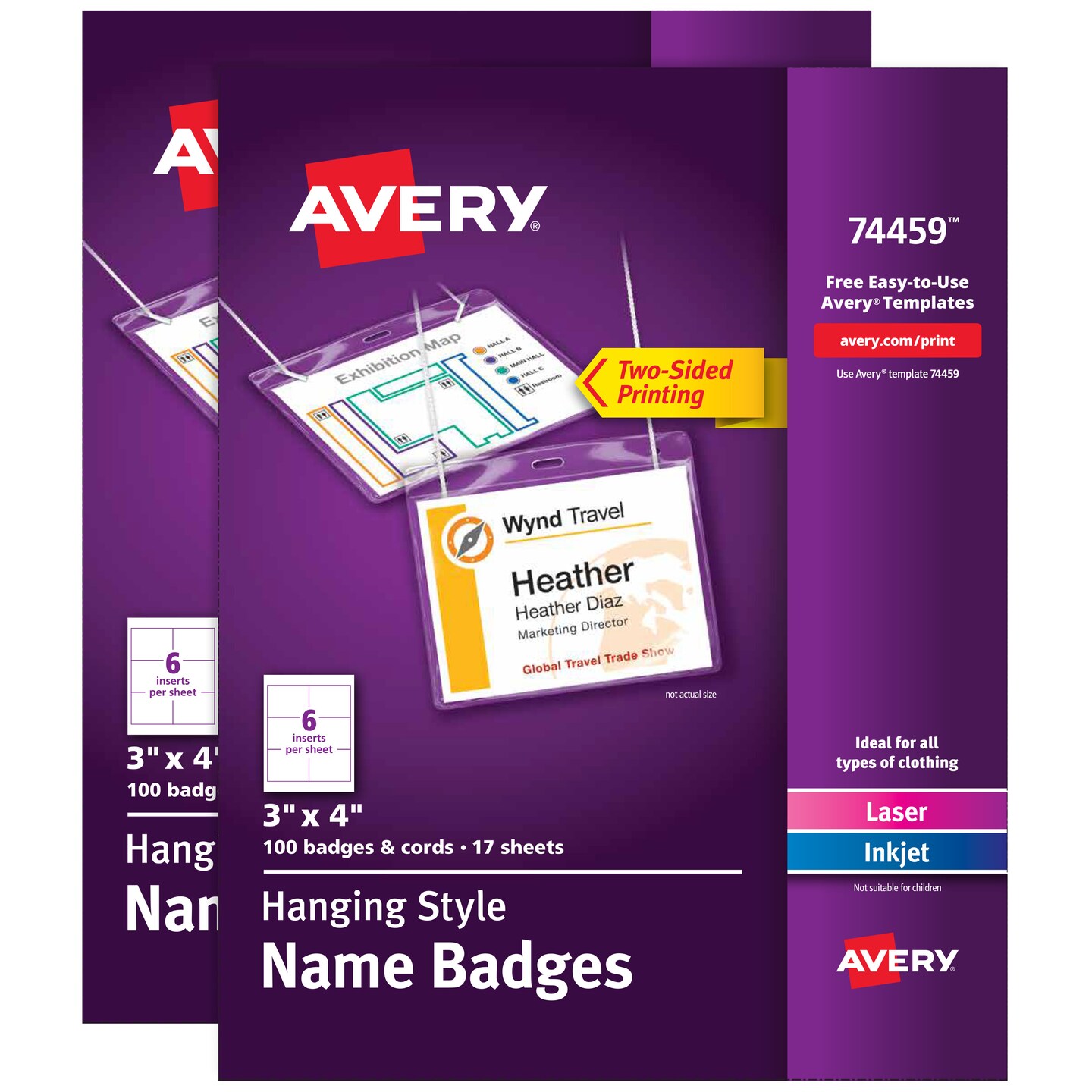 Avery Customizable Name Badges, 3&#x22; x 4&#x22;, 2 Packs, 200 Badge Holders with Cords and 204 Printable Name Tag Inserts Total (46019)