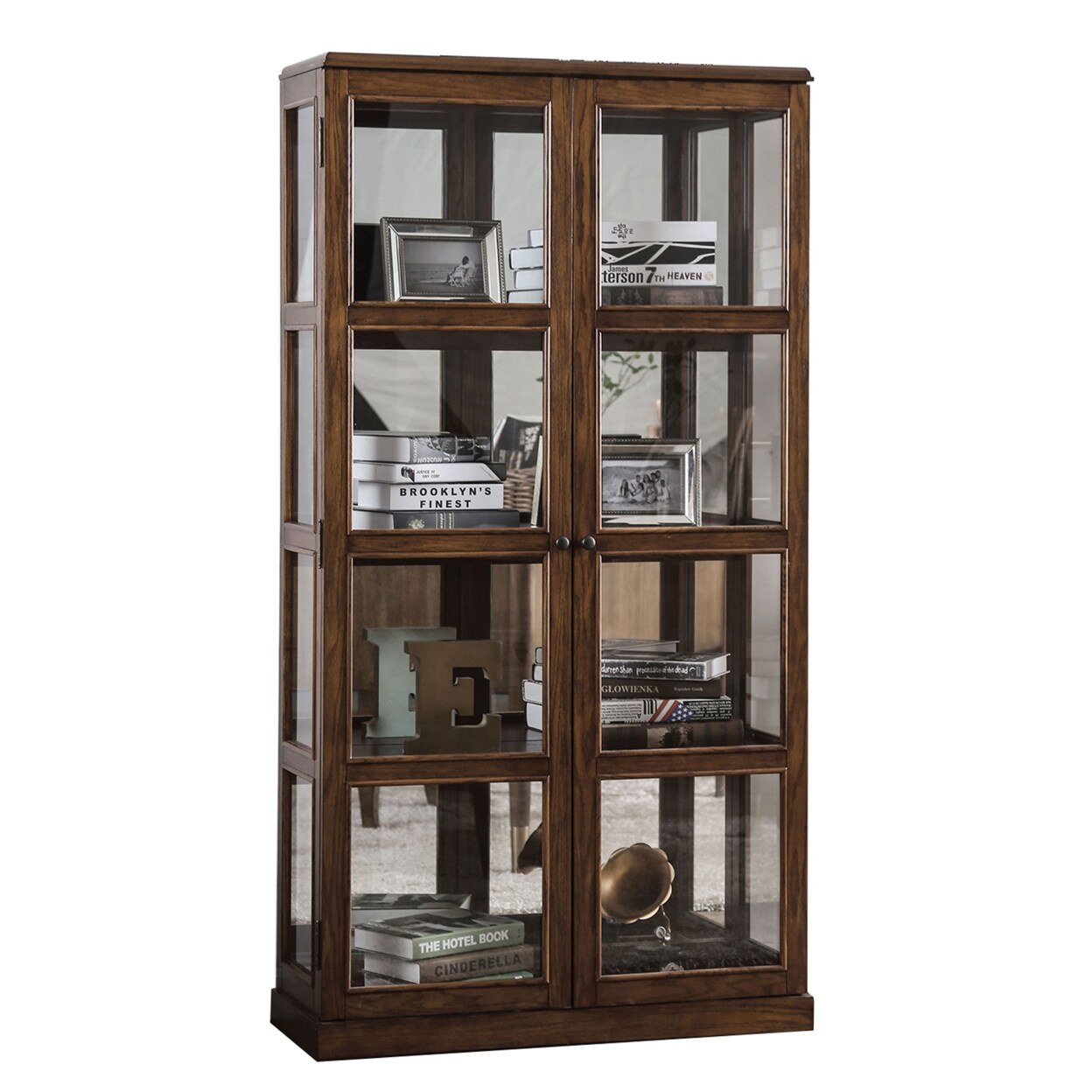 Furniture of America Transitional Wooden Curio Cabinet with Two Glass Doors and Four Shelves, Oak Brown- Saltoro Sherpi