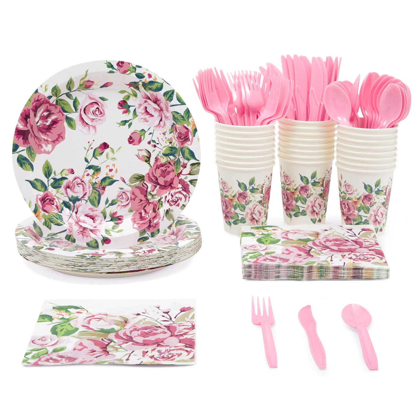 144 Piece Vintage Style Tea Party Supplies with Pink Floral Paper Plates,  Napkins, Cups, and Cutlery, Disposable Tableware Set for Girls Baby Shower,  Wedding (Serves 24)