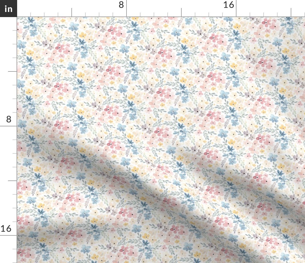 Whimsical Floral Watercolor Flowers Nature Botanical Pink Blue Pastel Spring Small Scale Custom Printed Fabric by Spoonflower Various Fabrics by the Yard or Fat Quarter