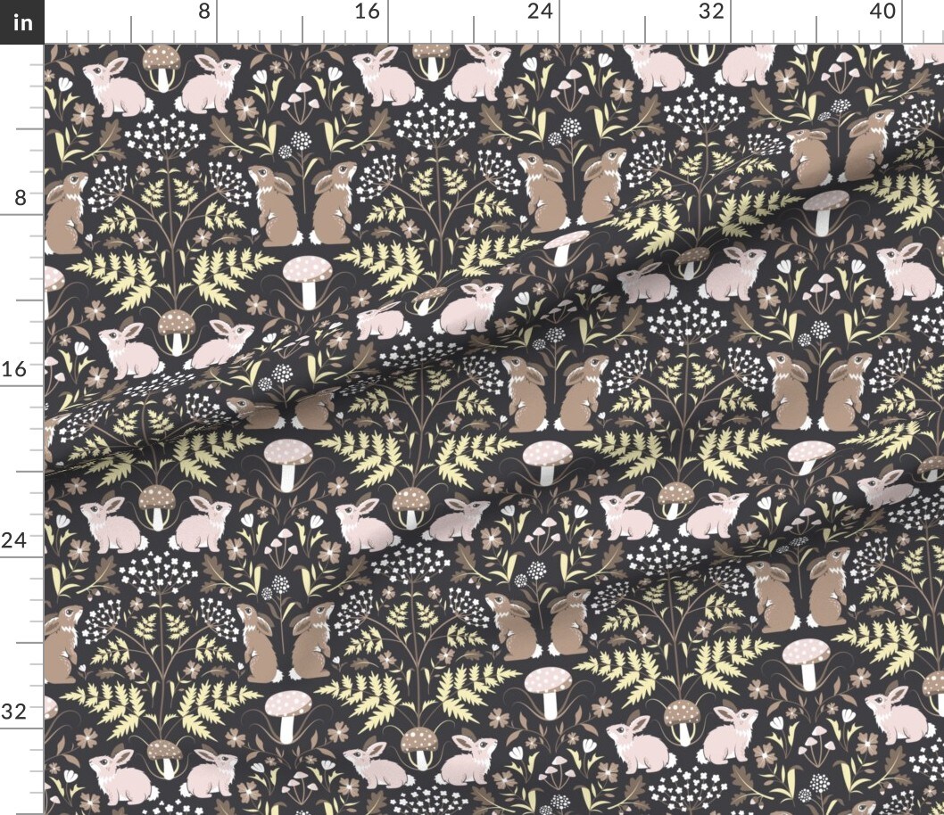 Brown Damask Modern Art Nouveau Nature Forest Rabbit Hare Mushroom Floral Botanical Woods Woodland Large Scale Custom Printed Fabric by Spoonflower Various Fabrics by the Yard or Fat Quarter