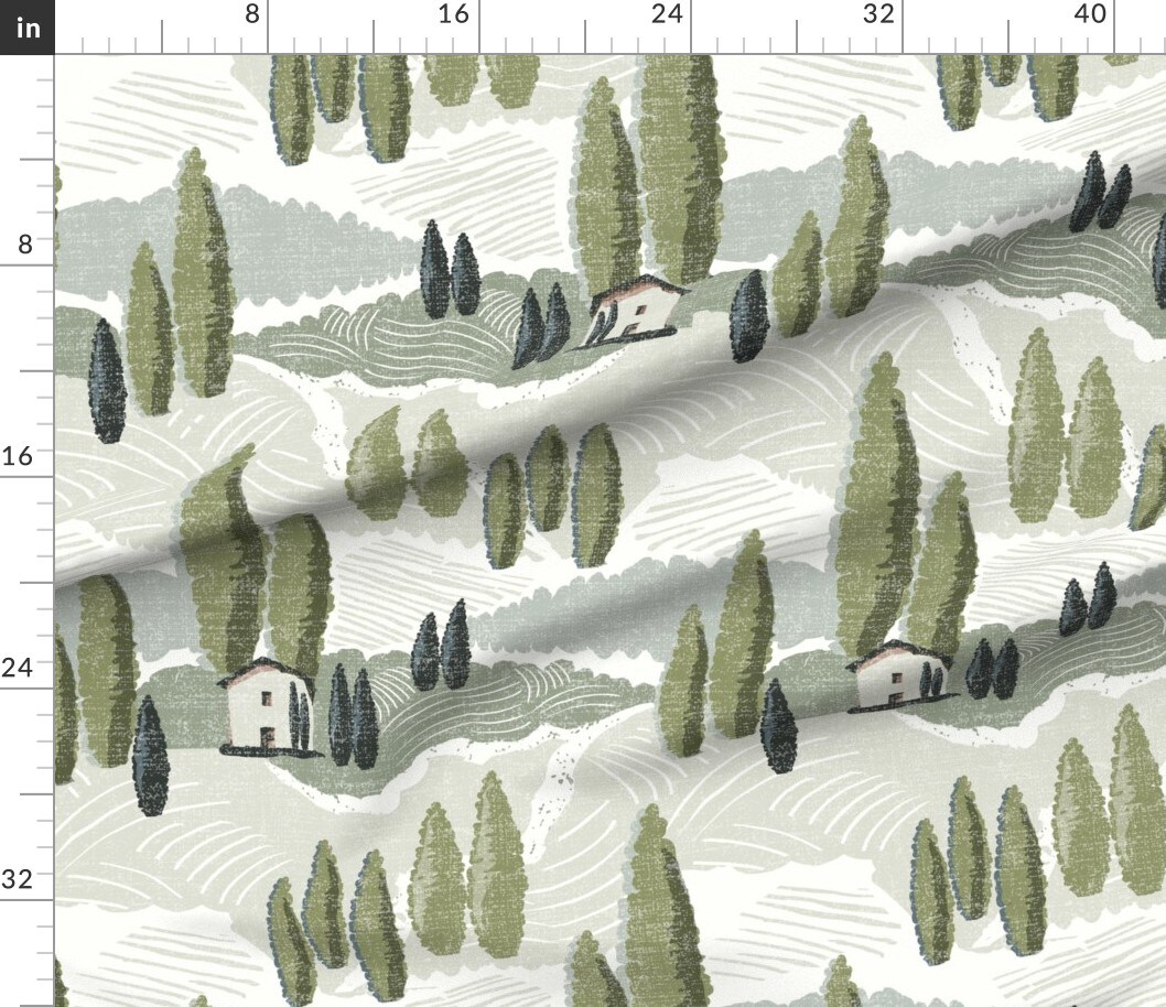 Green Italian Country Trees Landscape House Farm Olives Villa Large Scale Neutral Custom Printed Fabric by Spoonflower Various Fabrics by the Yard or Fat Quarter