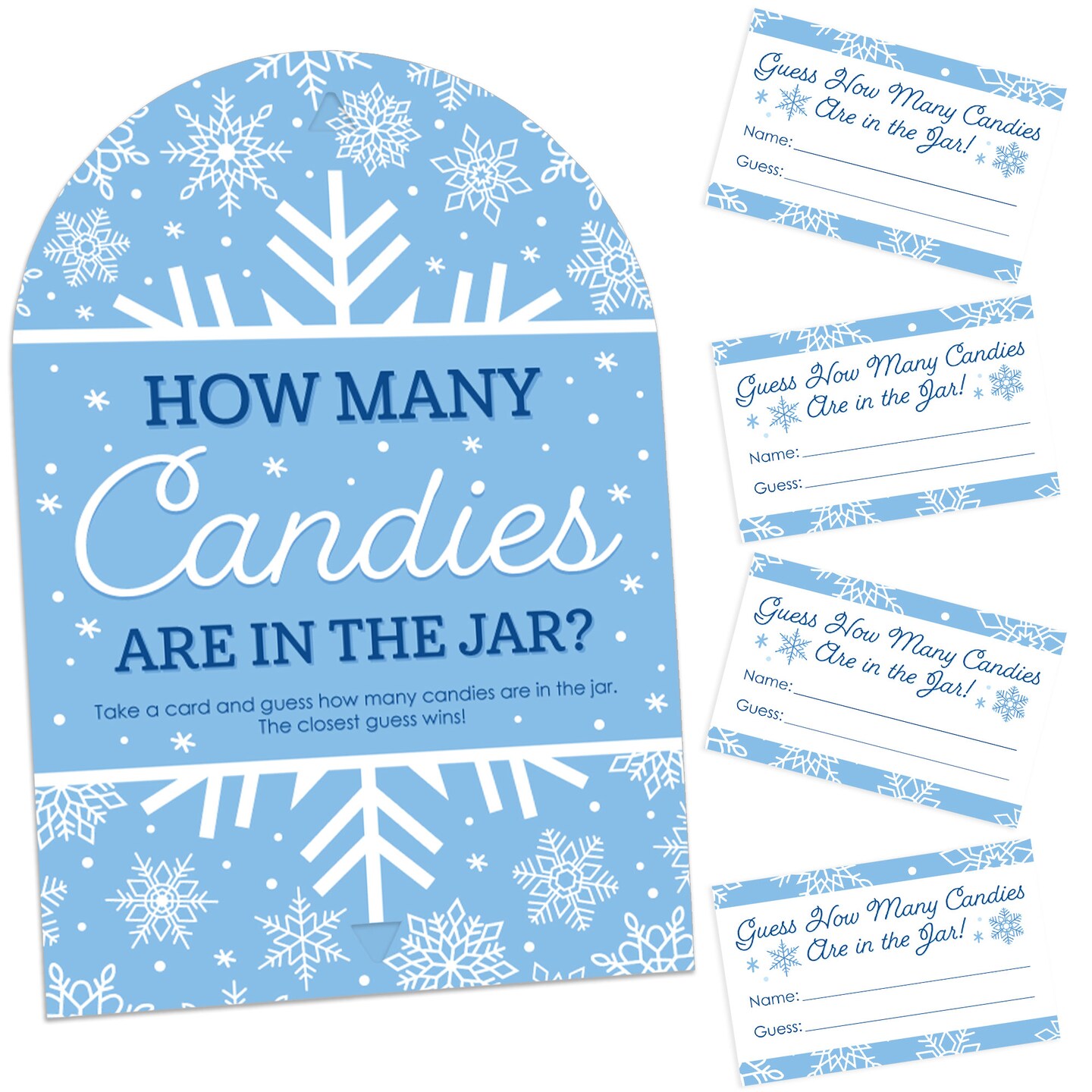 Big Dot of Happiness Blue Snowflakes - How Many Candies Winter Holiday Party Game - 1 Stand and 40 Cards - Candy Guessing Game
