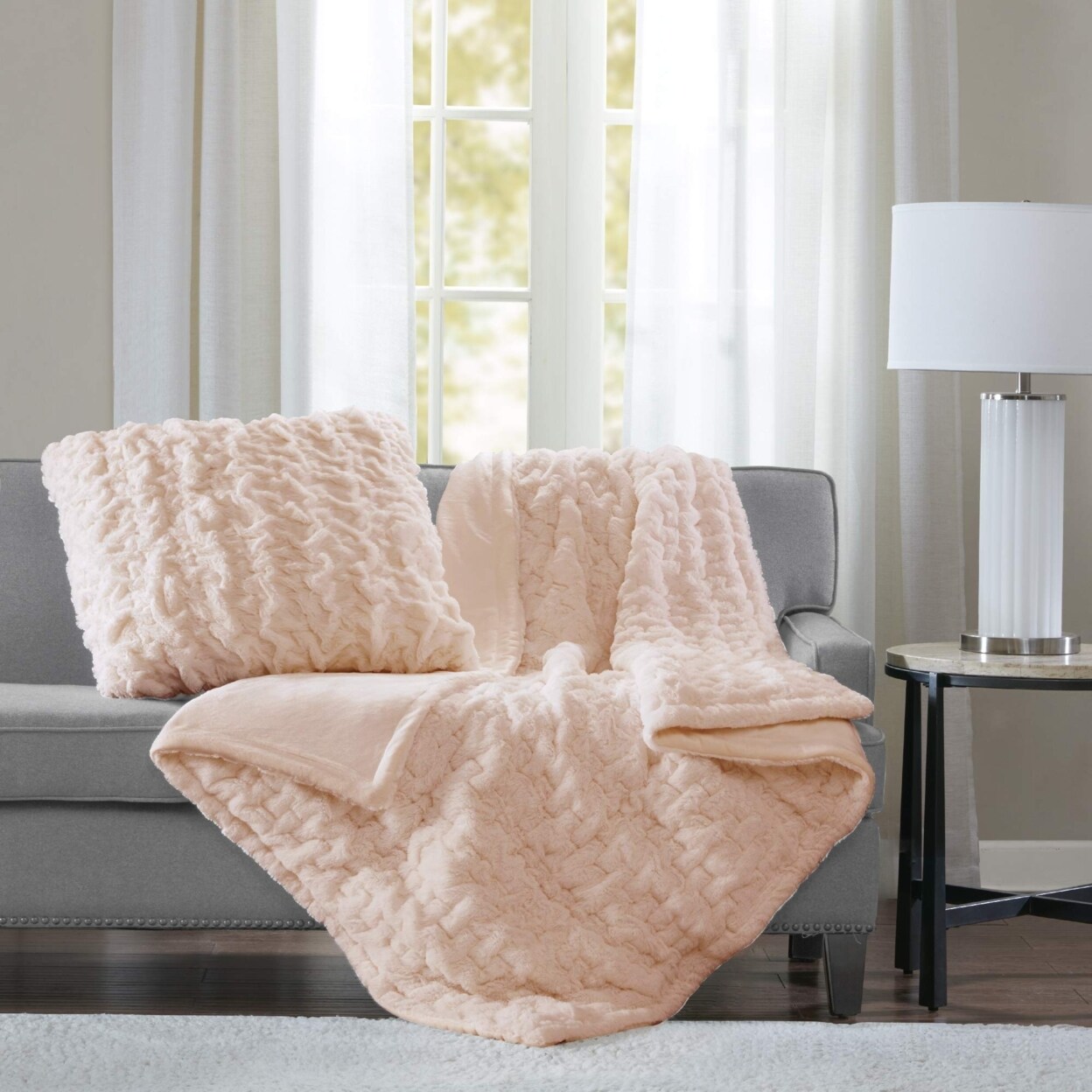 Madison Park   Ruched faux Throw Blush 50x60