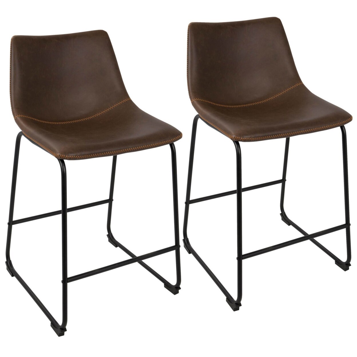 Lumisource Duke 26&#x22; Industrial Counter Stool In Black With Espresso Faux Leather And Orange Stitching - Set Of 2