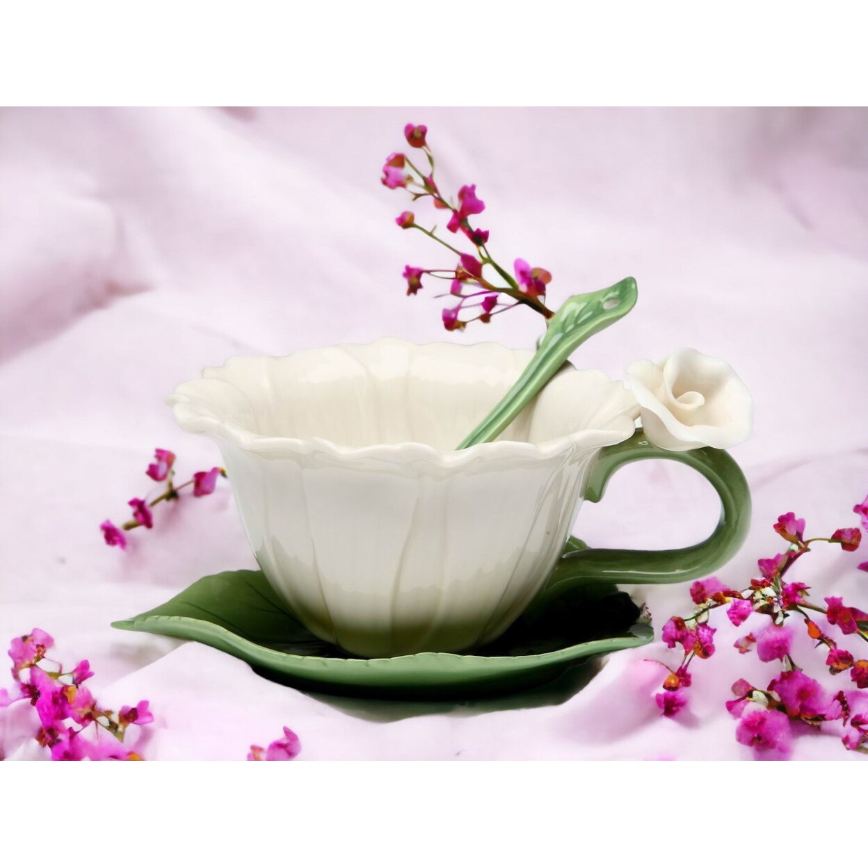 kevinsgiftshoppe Ceramic White Daisy Flower Cup and Saucer-2 Sets    Tea Party Decor Cafe Decor