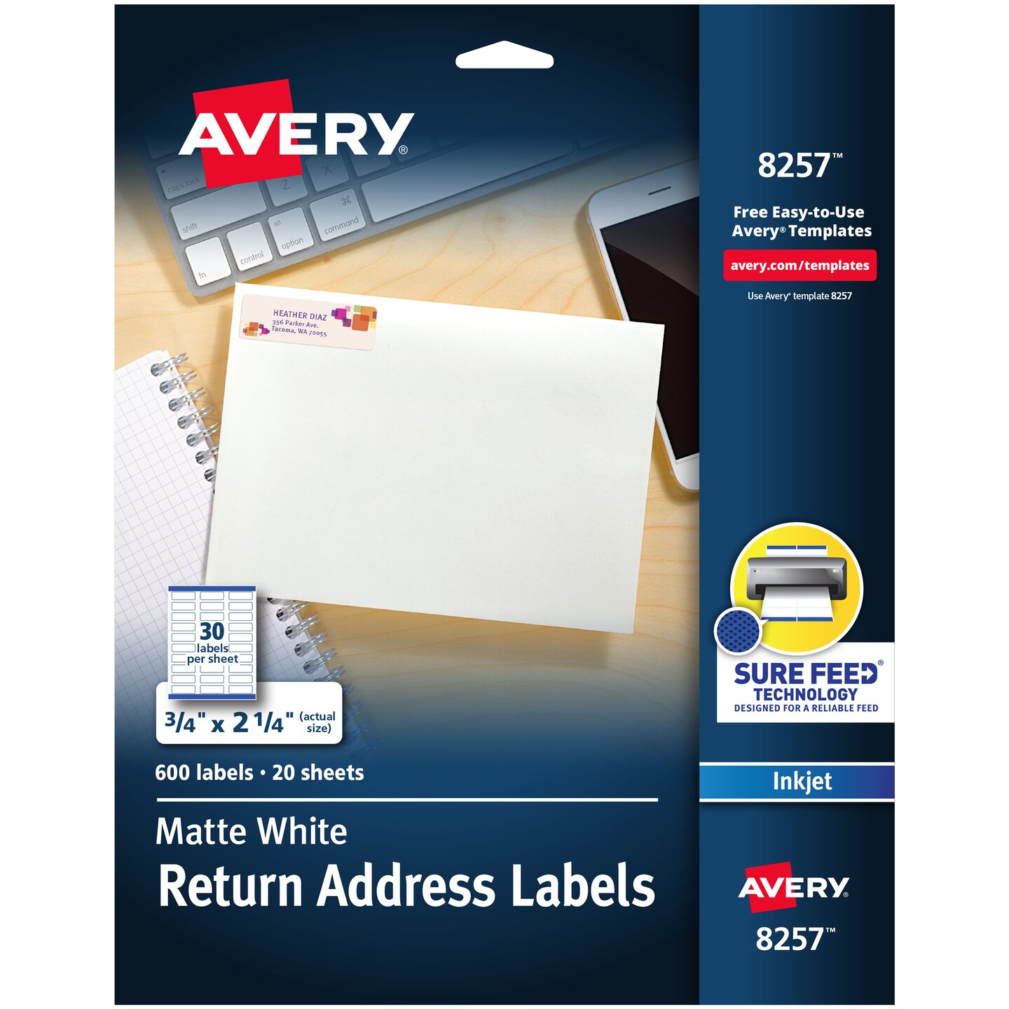 Avery White Return Address Label , Sure Feed Technology, Permanent Adhesive, 3/4&#x22; x 2-1/4&#x22;, 600 Labels (8257)